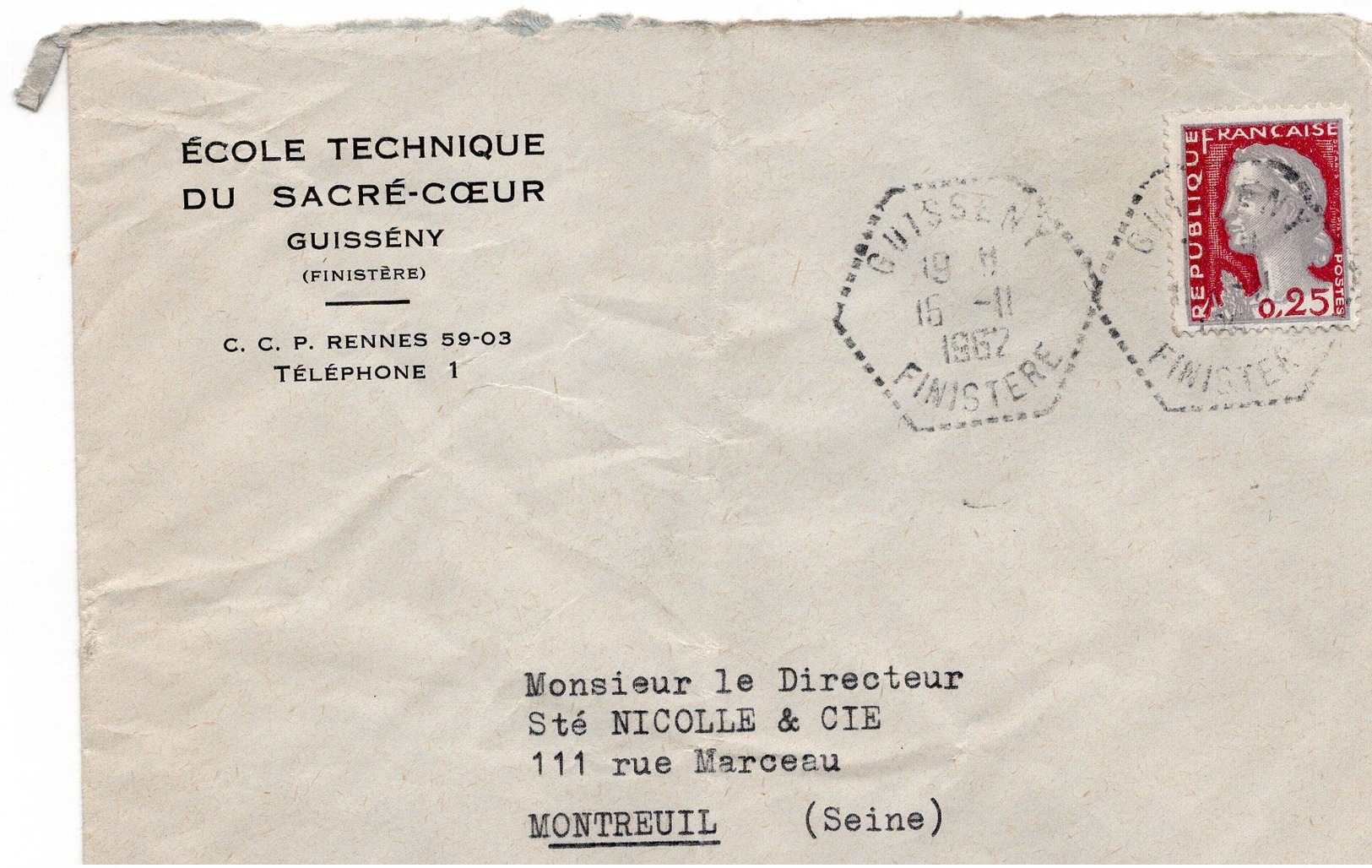 LSC 1962 - Cachet Hexagonal Perlé GUISSENY (Finistère) Sur Enveloppe Ecole Technique Su Sacré Coeur - Bolli Manuali