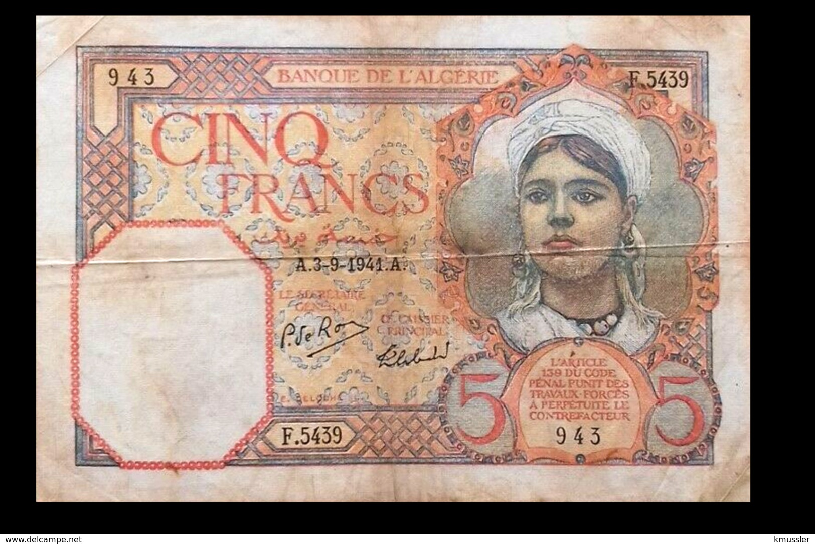 # # # Banknote Algerien (Algeria) 5 Francs 1941 # # # - Algerien