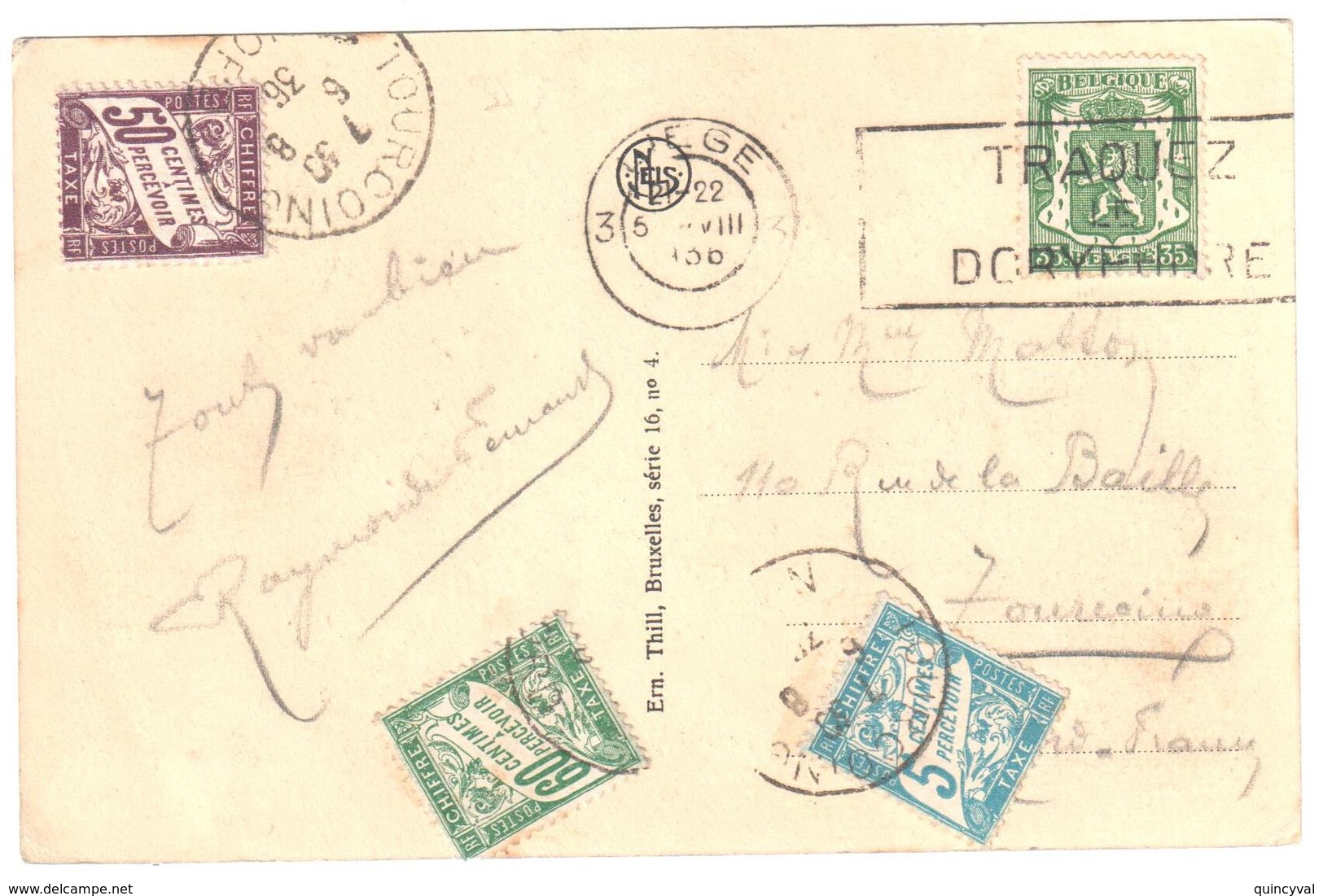 LIEGE TOURCOING Nord Carte Postale Belgique Lion 35 C Taxe Banderole France 1,15 F Taxe Yv T 28 37 38 Ob 1937 LIEGE - 1929-1937 Heraldieke Leeuw