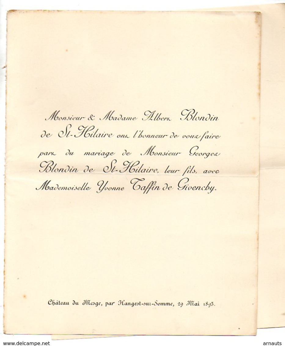 Mariage 1895 Georges Blondin De St Hilaire & Yvonne Taffin De Givenchy Château Du Mesge Hangest-Sur-Somme Gorguette D'Ar - Mariage