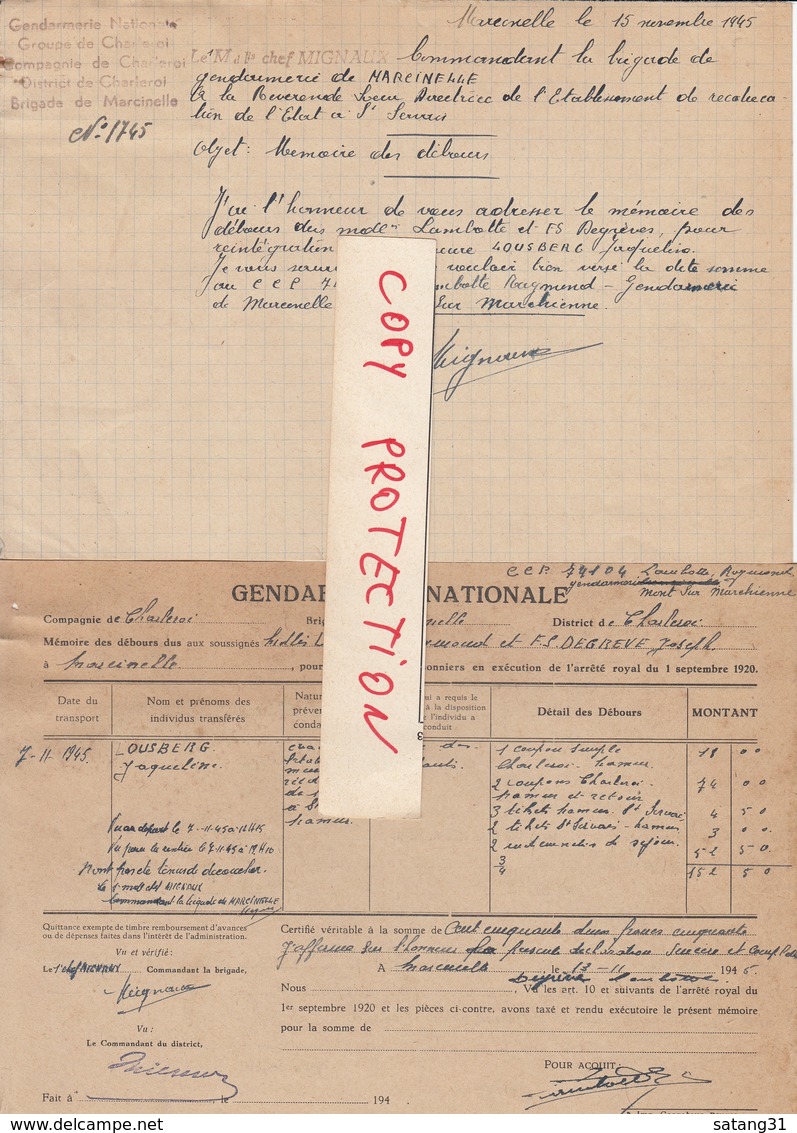 GENDARMERIE NATIONALE,GROUPE DE CHARLEROI,BELGIQUE.MEMOIRE DE DEBOURS,1945. - Historical Documents