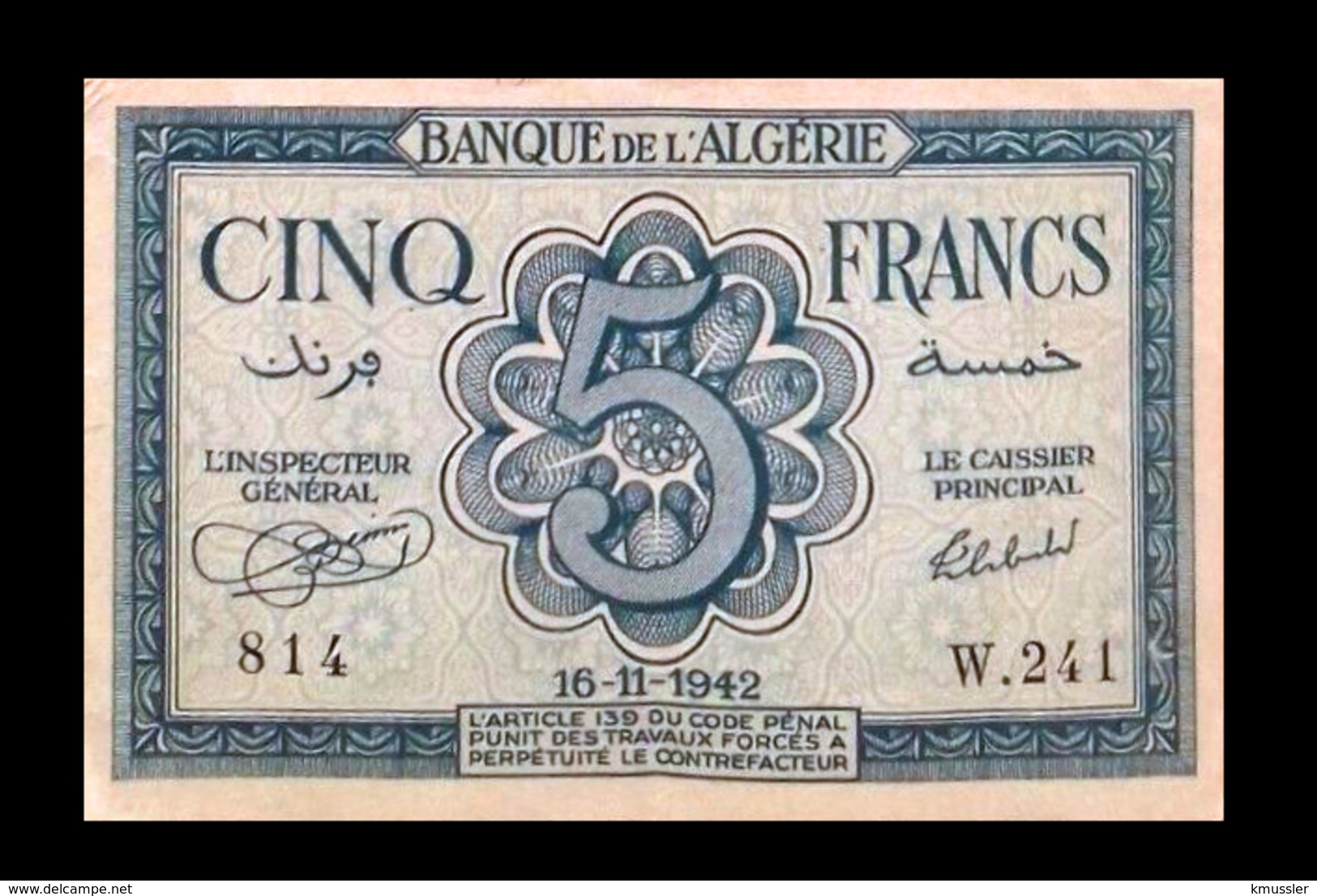 # # # Banknote Algerien (Algeria) 5 Francs 1942 AU # # # - Algerien