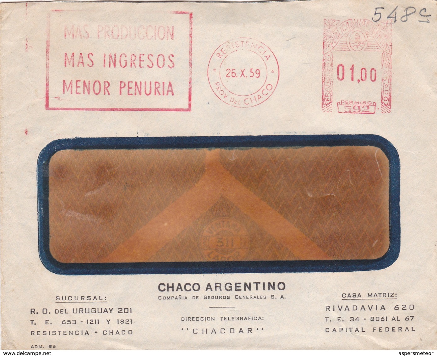 1959 COMMERCIAL COVER - CHACO ARGENTINO. CIRCULEE RESISTENCIA. FRANKING MECHANIC - BLEUP - Briefe U. Dokumente