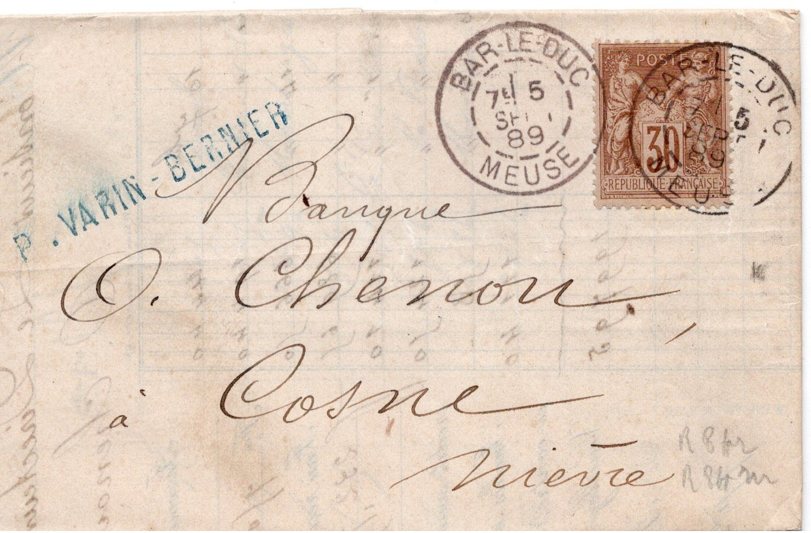 1889 - Cachet BAR LE DUC (Meuse) Sur Type Sage 30c - YT 80 Et Timbre Fiscal à L'intérieur - 1849-1876: Période Classique