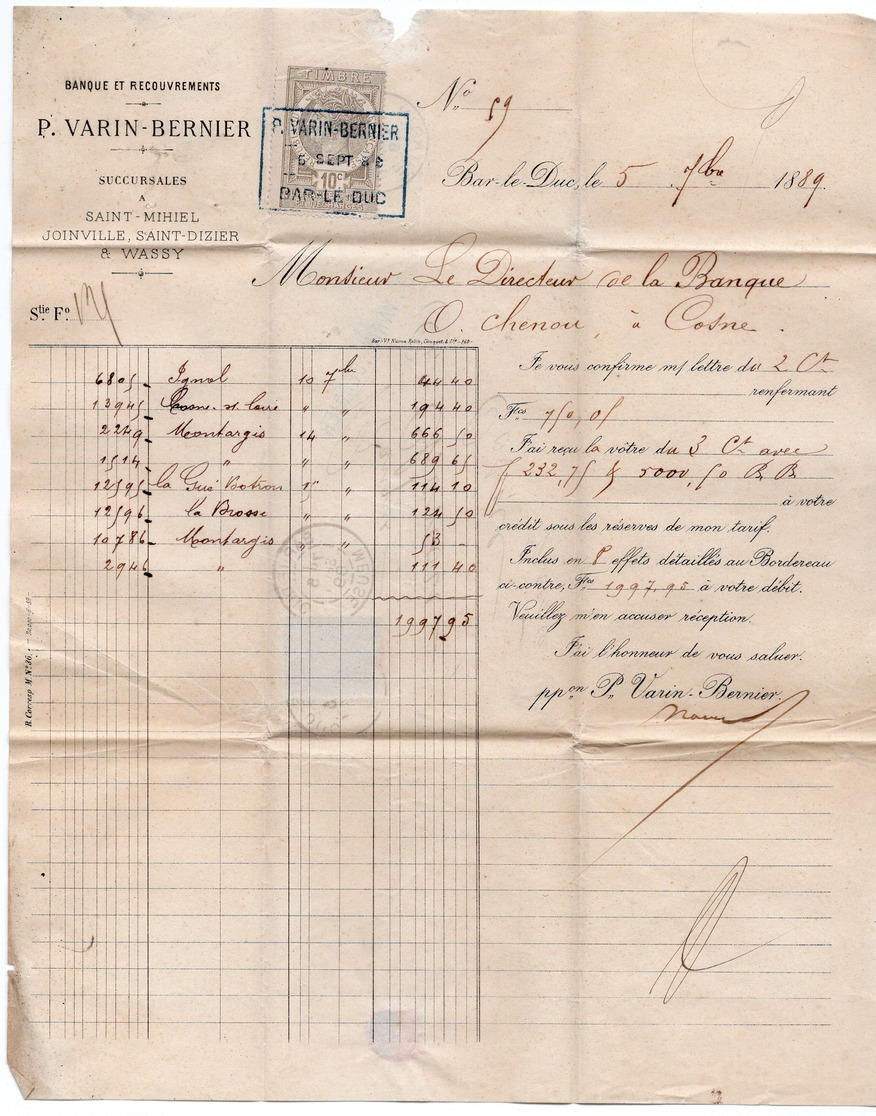 1889 - Cachet BAR LE DUC (Meuse) Sur Type Sage 30c - YT 80 Et Timbre Fiscal à L'intérieur - 1849-1876: Période Classique