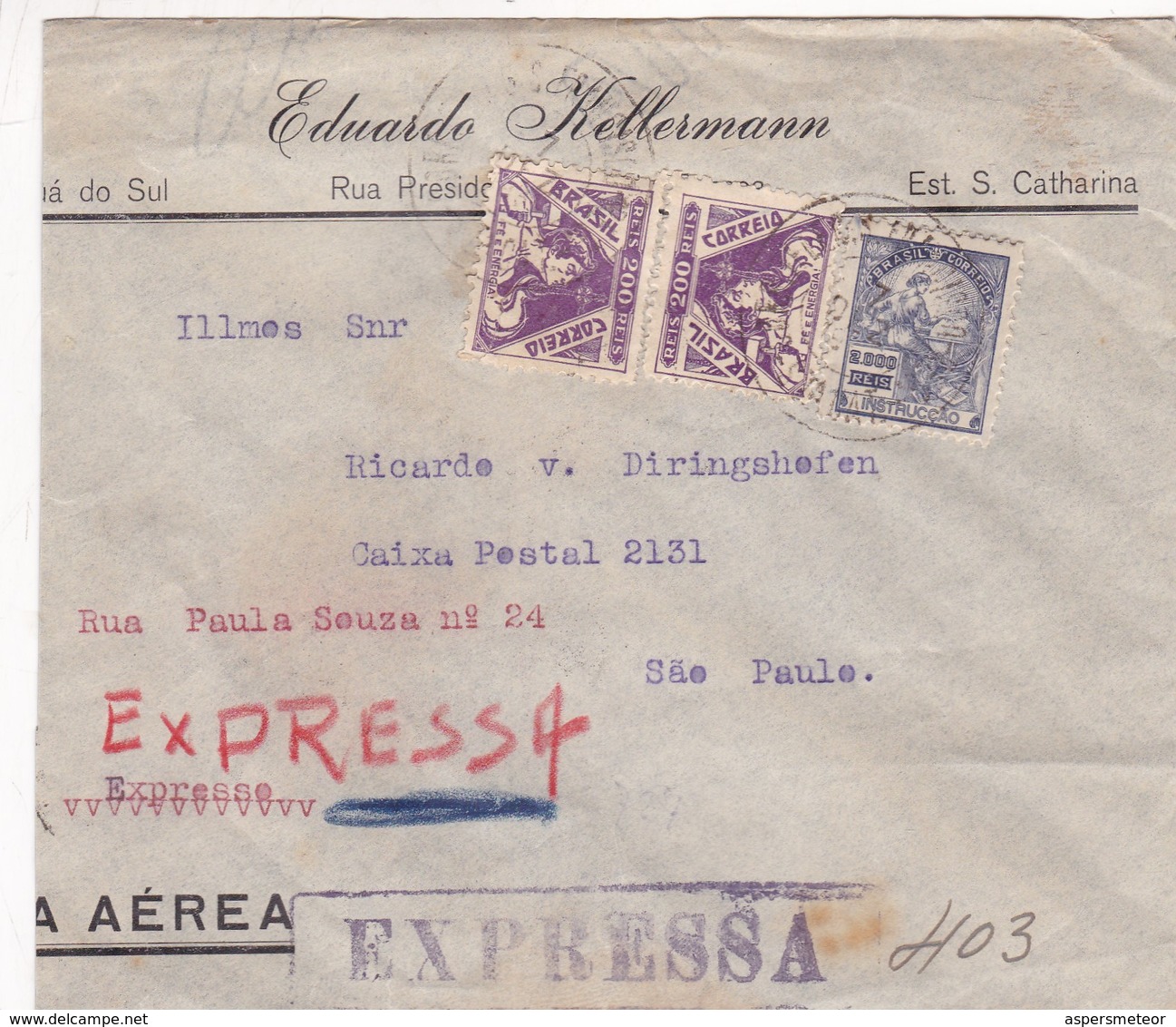 1940'S COMMERCIAL COVER: EDUARDO KELLERMAN. CIRCULEE STA CATARINA TO SAO PAULO, EXPRESSA AIRMAIL - BLEUP - Lettres & Documents