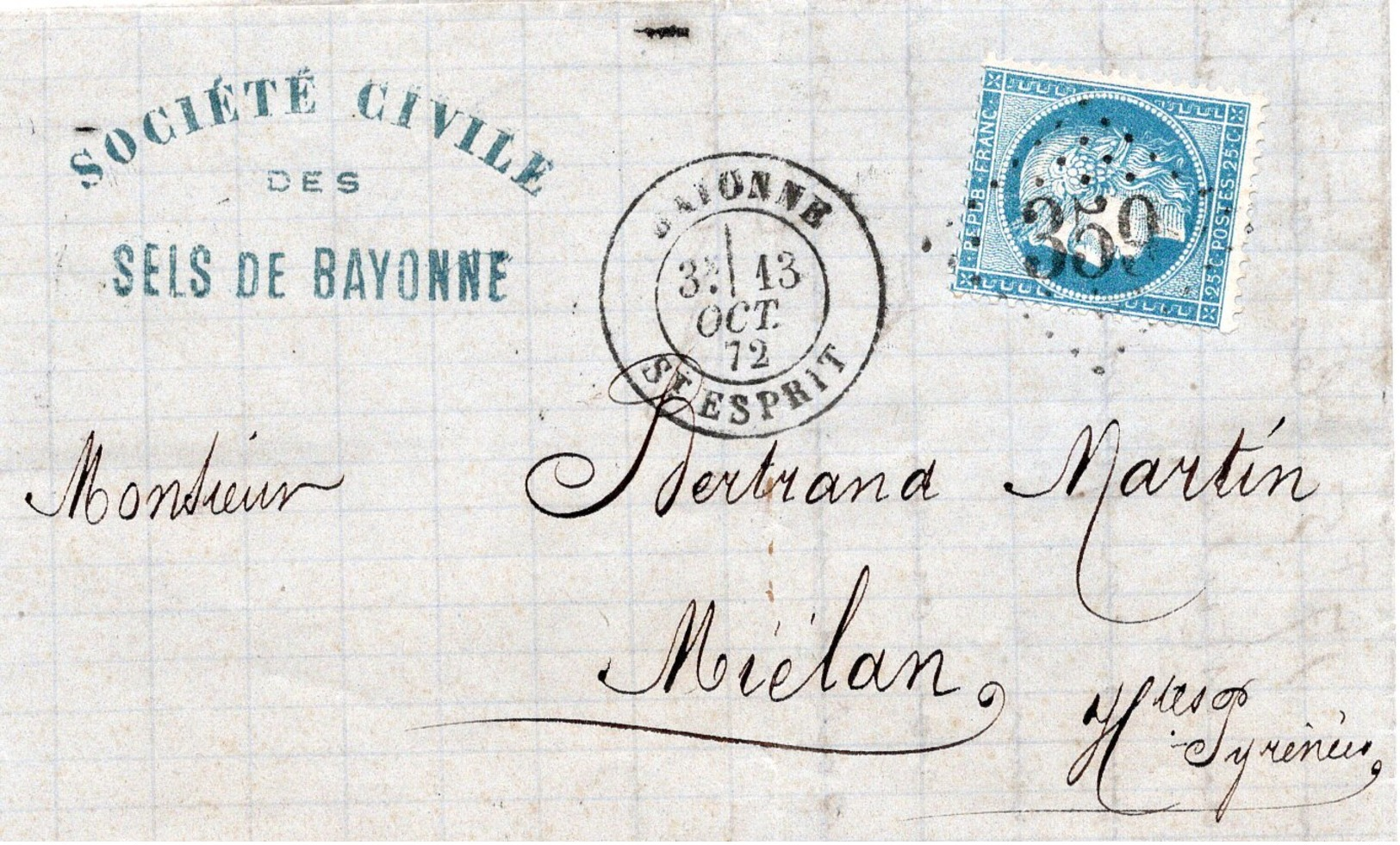 1872 - Entête Société Civile Des SELS DE BAYONNE - Cachet BAYONNE  ST ESPRIT & Losange GC 359 Sur CERES 25c N 60 - 1849-1876: Période Classique