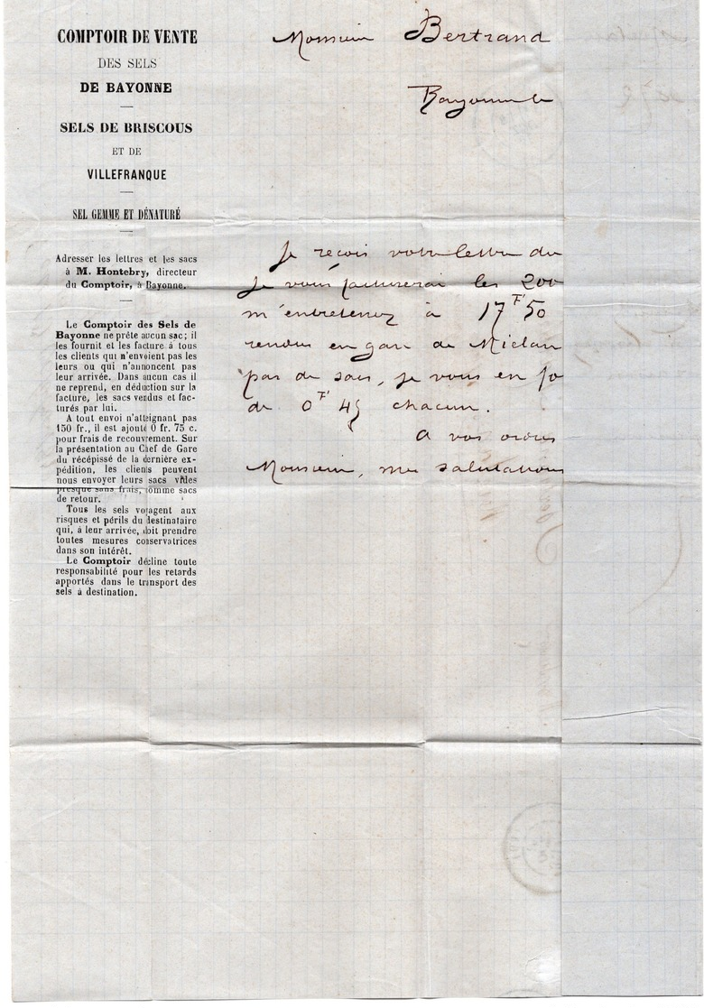 1872 - Entête Société Civile Des SELS DE BAYONNE - Cachet BAYONNE  ST ESPRIT & Losange GC 359 Sur CERES 25c N 60 - 1849-1876: Période Classique