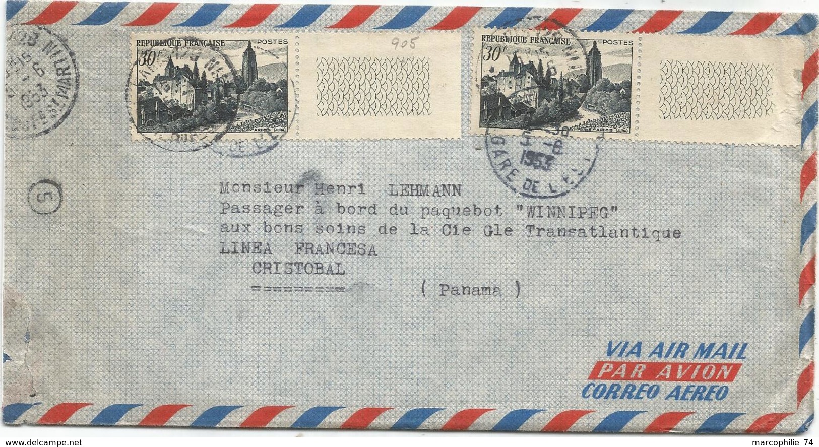 ARBOIS 30FRX2 LETTRE AVION PARIS 1953 POUR CHISTOBAL PANAMA - 1921-1960: Période Moderne