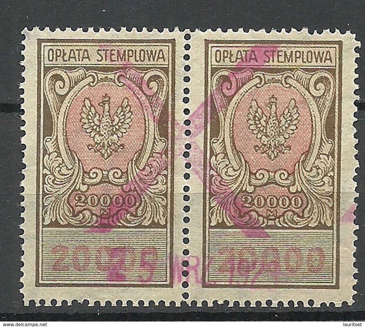 POLEN Poland O 1929 Stempelmarke Documentary Tax Oplata 20 000 As Pair O - Steuermarken