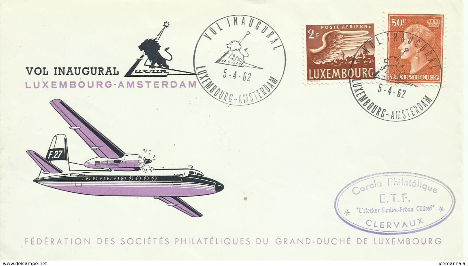 LUXEMBURGO, SOBRE VUELO INAGURAL LUXEMBURGO/AMSTERDAM AÑO 1962 - Cartas & Documentos