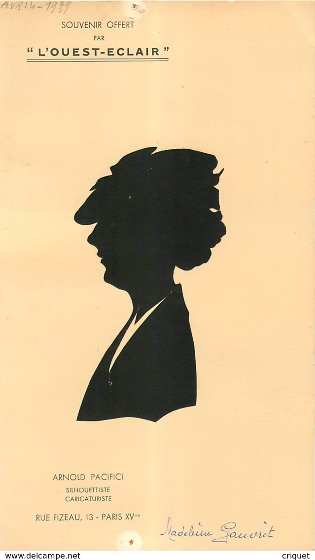 Arnold Pacifici, Silhouettiste Caricaturiste, Souvenir N° 3, Avril 1939 - Silhouette - Scissor-type