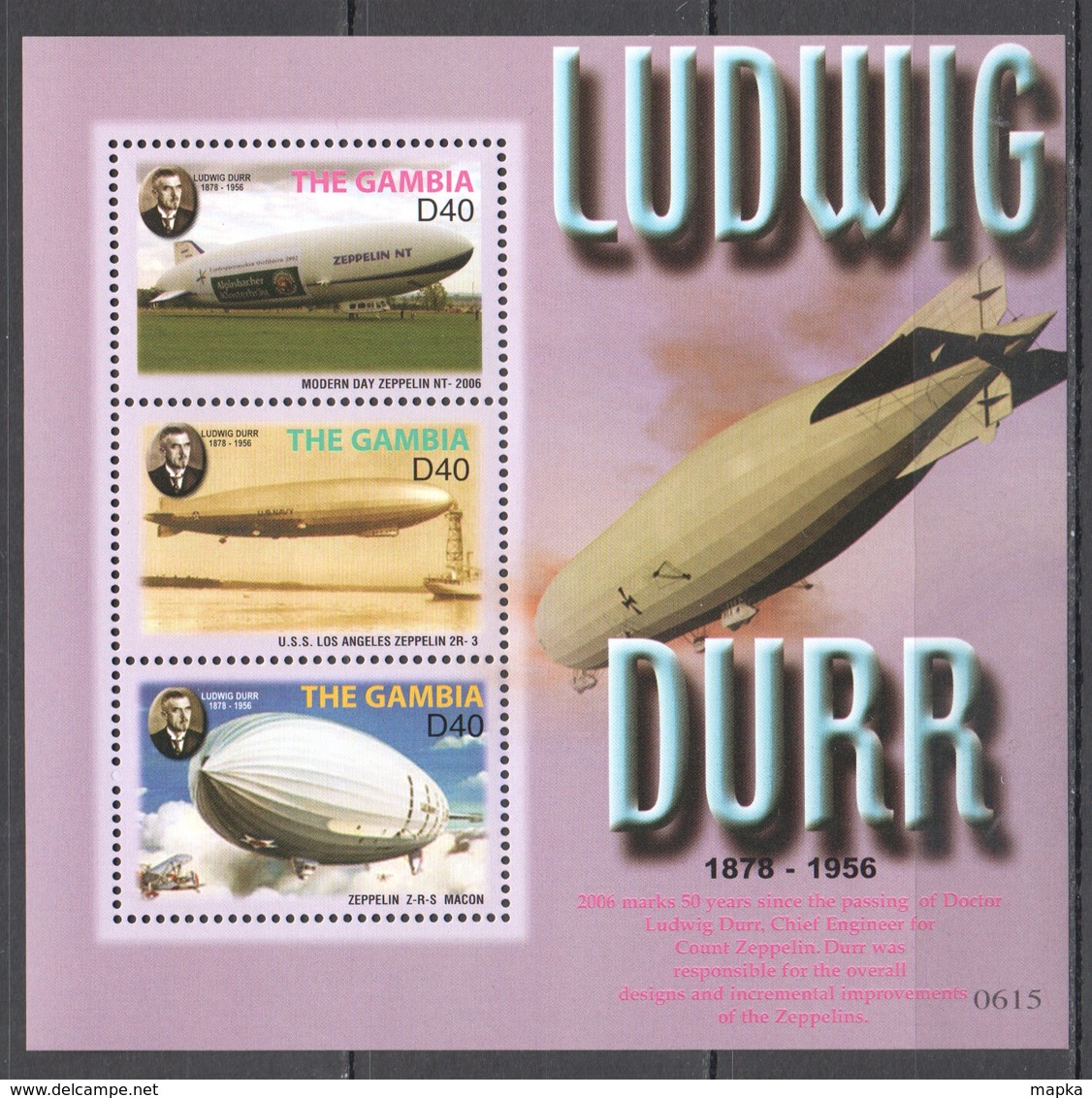 R1398 2006 GAMBIA TRANSPORT AVIATION AIRCRAFTS ZEPPELIN LUDWIG DURR 1KB MNH - Zeppelins