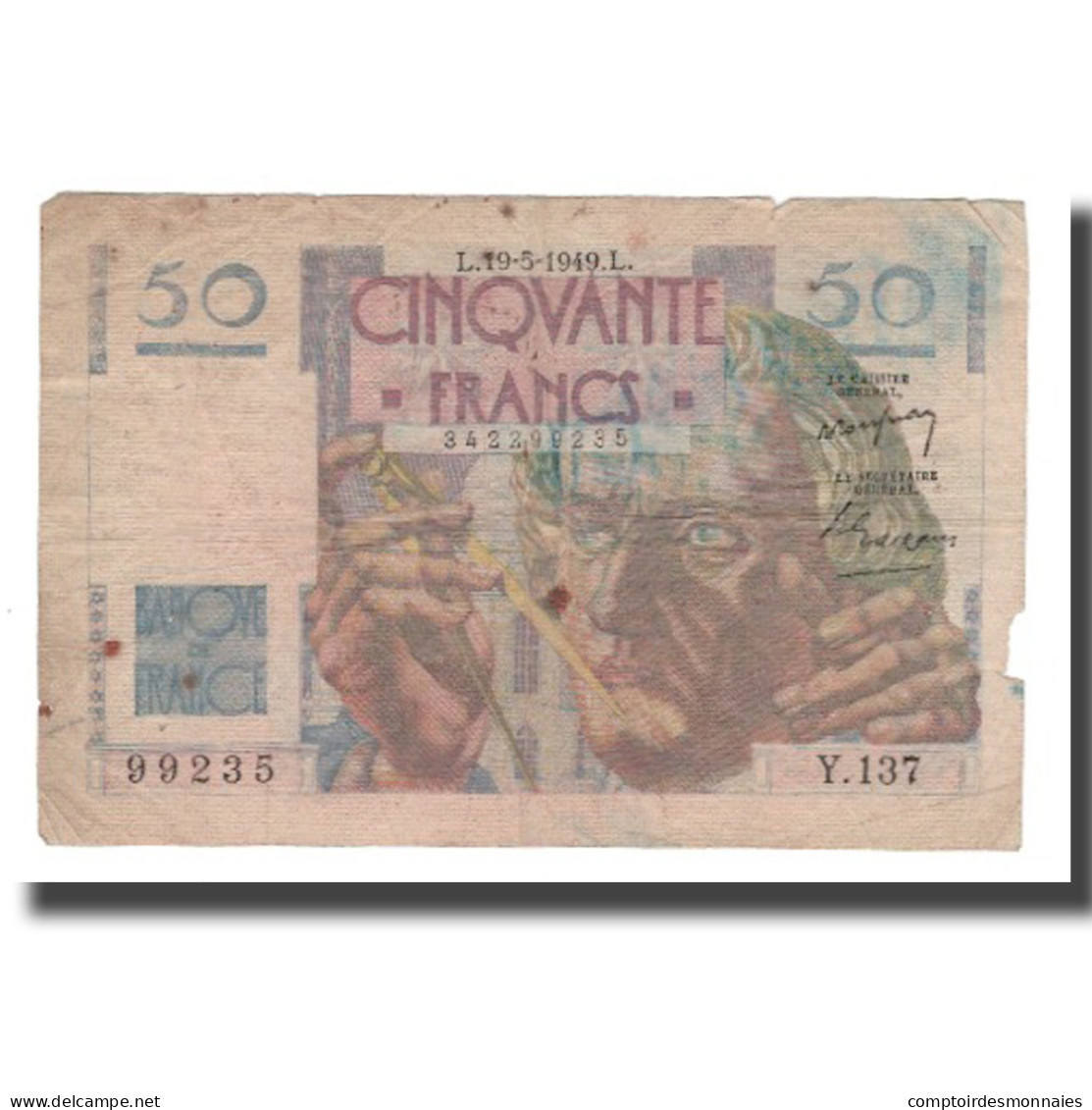 France, 50 Francs, 1949, 1949-05-19, B, Fayette:20.12, KM:127b - 50 F 1946-1951 ''Le Verrier''