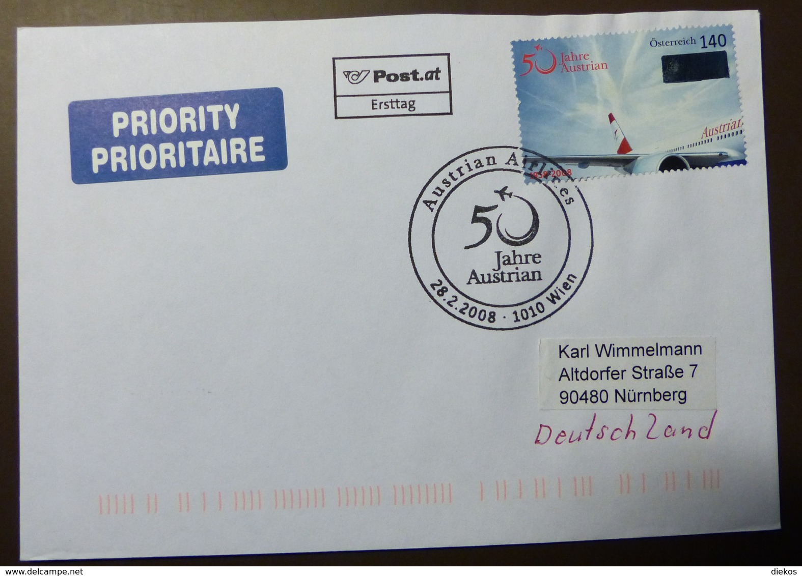 Brief Österreich   2008  Austrian Airline   FDC  #cover 4846 - Briefe U. Dokumente