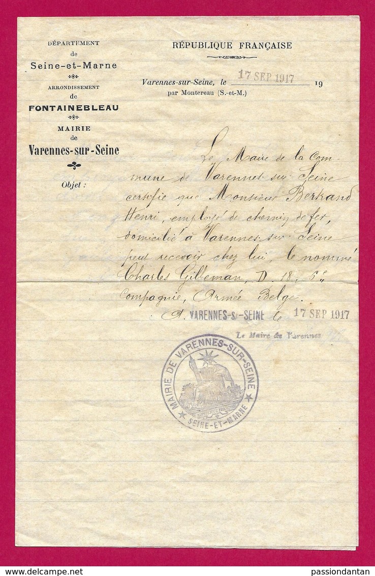 Certificat Municipal D'hébergement Daté De 1917 - Département De Seine Et Marne - Commune De Varennes Sur Seine - 1914-18