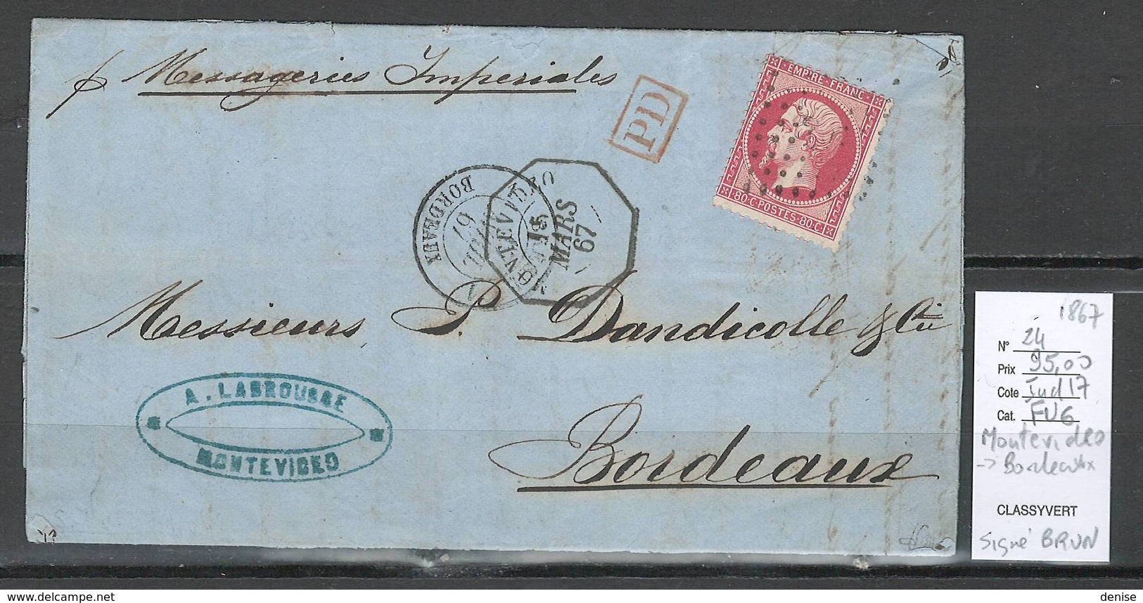 France -Lettre De MONTEVIDEO - 1867 - Ancre + Octogonal - Yvert 24 - SIGNE BRUN - Poste Maritime