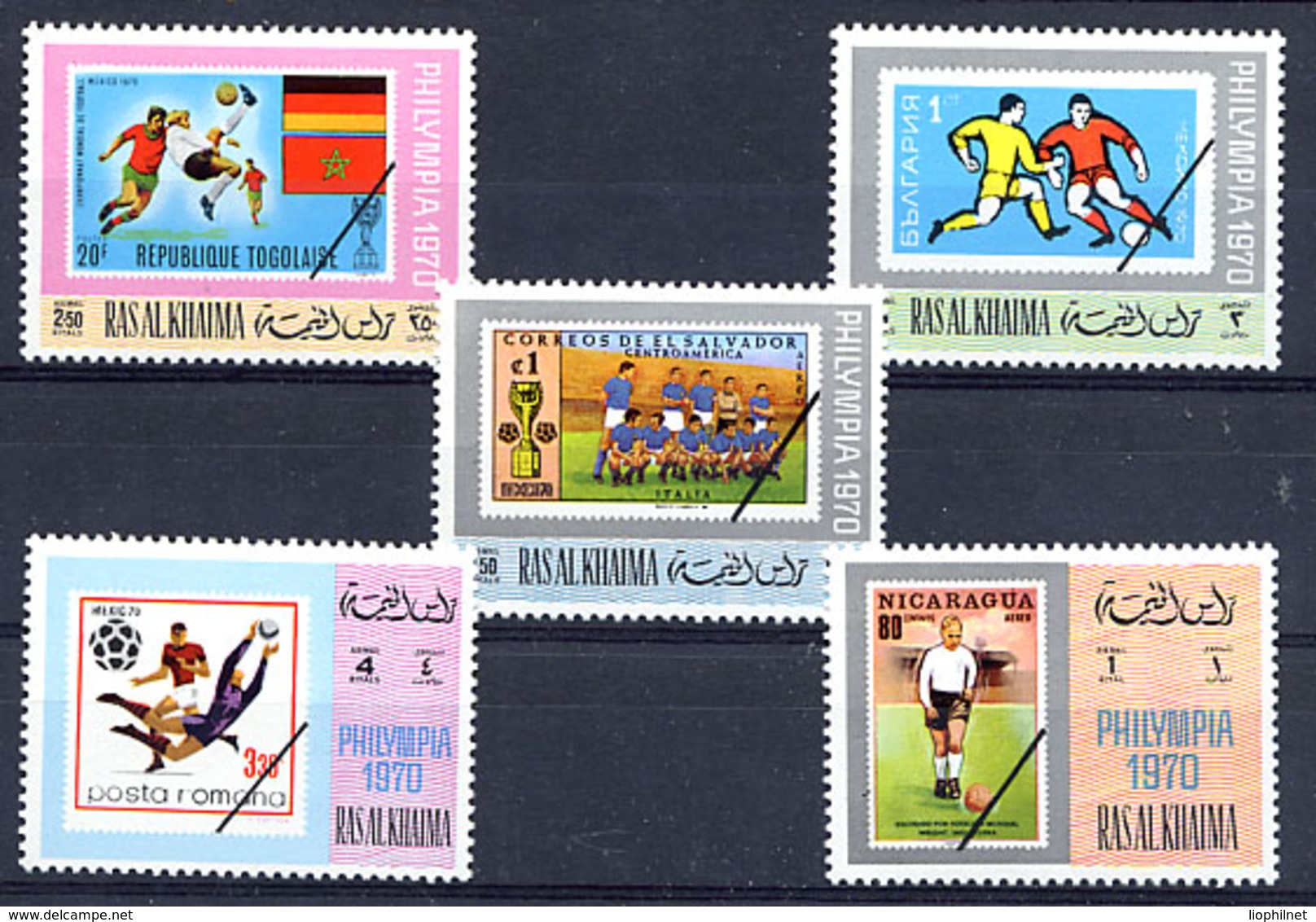 RAS AL KHAIMA 1970, PHILYMPIA 1970, FOOTBALL, Timbres Sur Timbres, 5 Valeurs, Neufs / Mint. R241 - Other & Unclassified