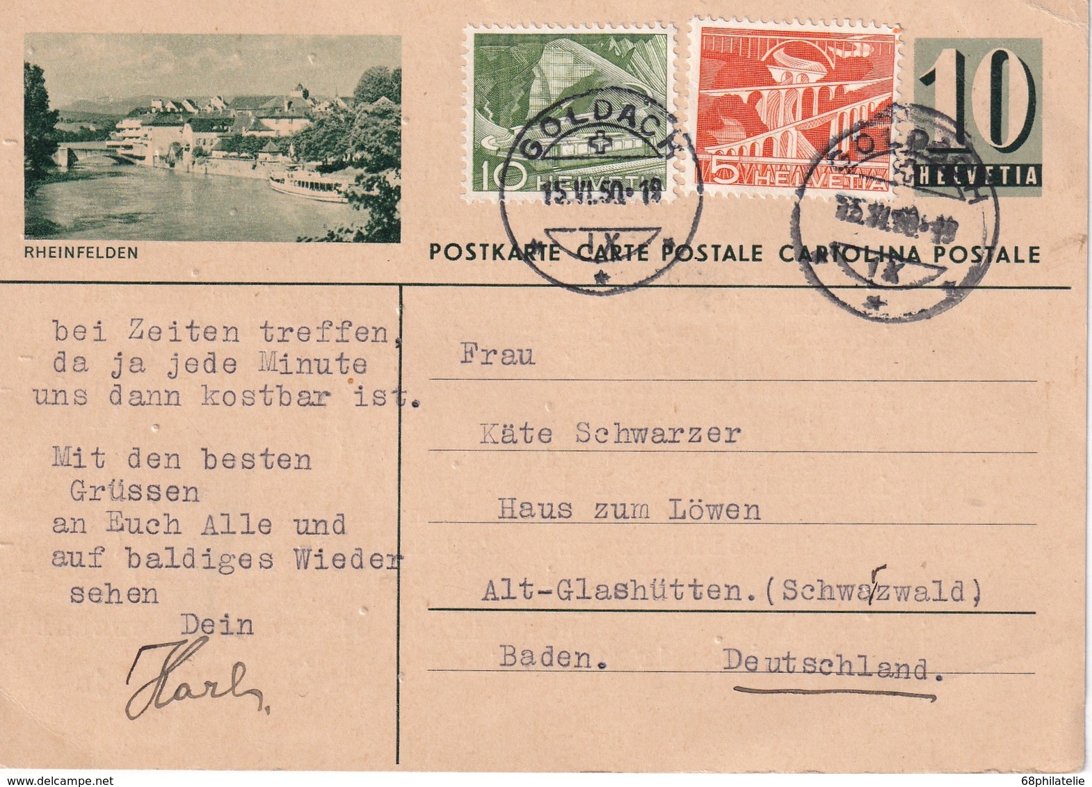 SUISSE 1950 ENTIER POSTAL/GANZSACHE/POSTAL STATIONERY CARTE ILLUSTREE DE GOLDACH - Interi Postali