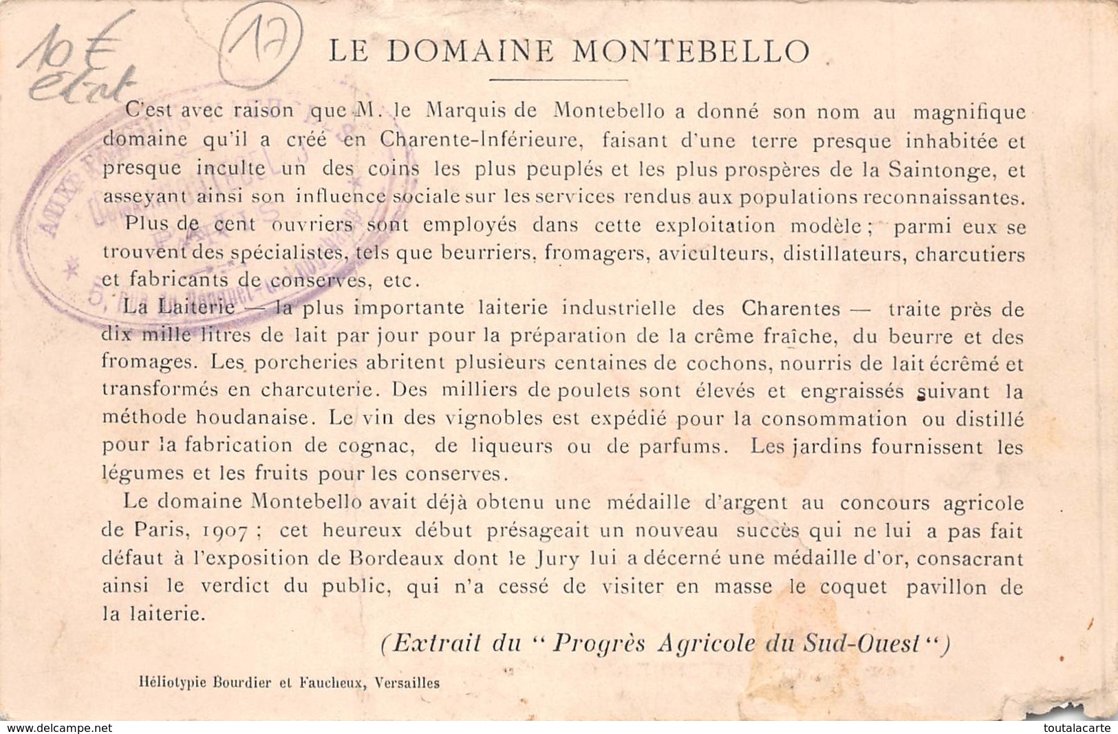 CPA 17 MONTENDRE DOMAINE DE MONTEBELLO LA LAITERIE A L EXPOSITION UNIVERSELLE DE BORDEAUX 1907 - Montendre