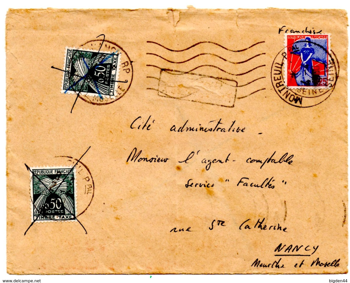 Lettre De Montreuil SECAP (31.03.1960) Pour Nancy Taxée à 1 F Retour Refusé Timbre Taxe - 1921-1960: Période Moderne