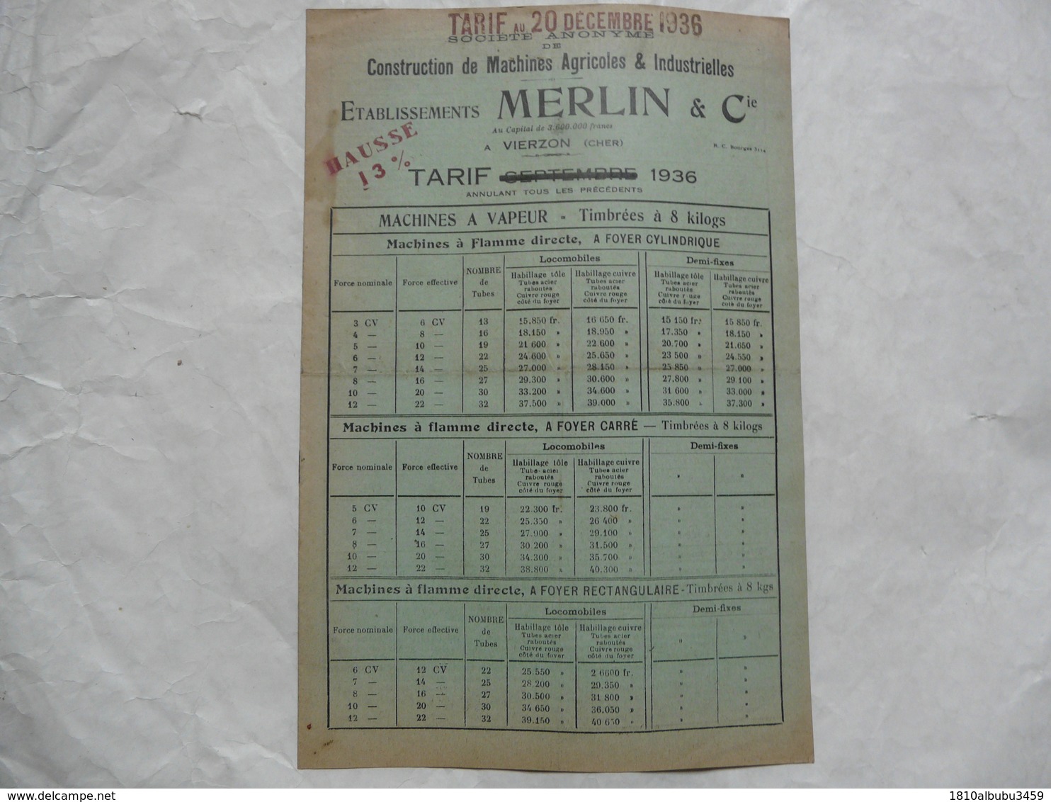 VIEUX PAPIERS 18 CHER - VIERZON : TARIFS Au 20 Décembre 1936 Des Machines Agricoles Et Industrielles - ETS MERLIN - Pubblicitari