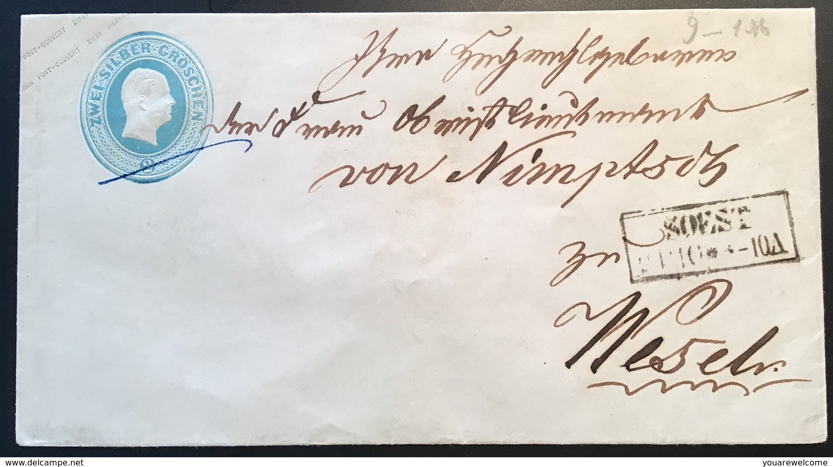 Preussen „SOEST“ (Westfalen, Arnsberg) Ganzsache 1853 U9A Schilling 2 (Brief Cover - Postwaardestukken