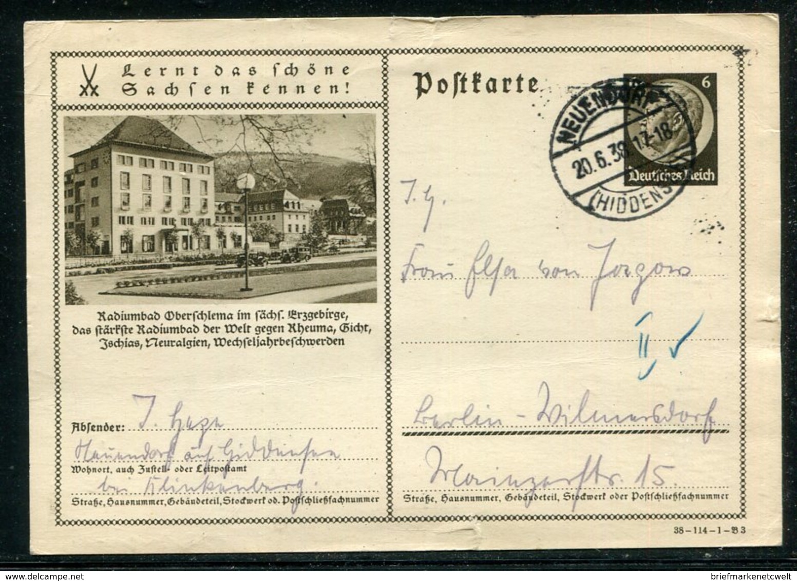 Deutsches Reich / 1938 / Bildpostkarte > OBERSCHLEMA, Steg-Stempel Neuendorf (18334) - Sonstige & Ohne Zuordnung