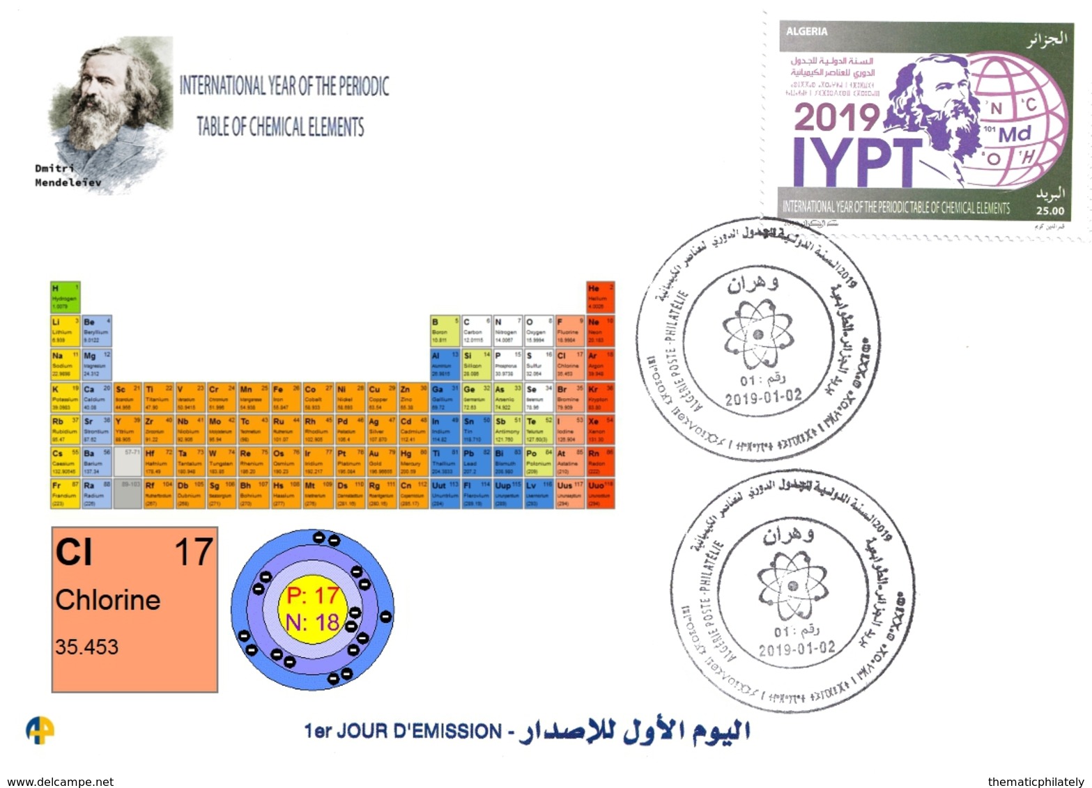 DZ Algerien 1836 2019 Internationales Jahr Periodensystems Chemischen Elemente Dmitry Mendeleev Chemie Chlor - Chemie