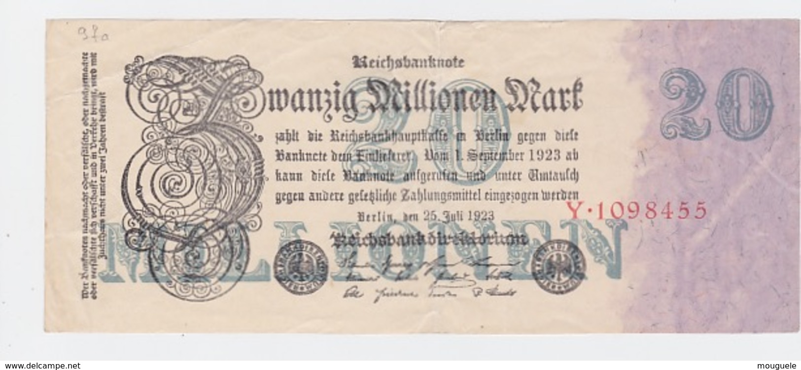 Billet De 20 Million Mark Du 25-7-1923 Uniface   Pick 97a - Sonstige & Ohne Zuordnung