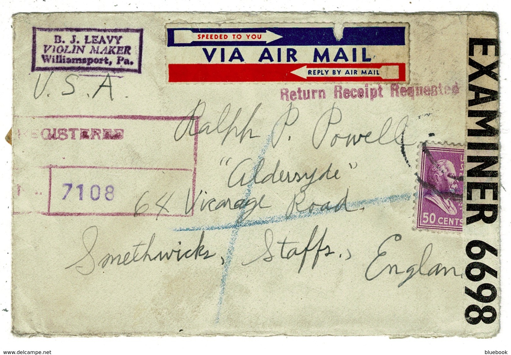 Ref 1307 - WWII 1943 Censored Airmail USA Cover From Violin Maker To Smethwick UK - Music Theme - Lettres & Documents