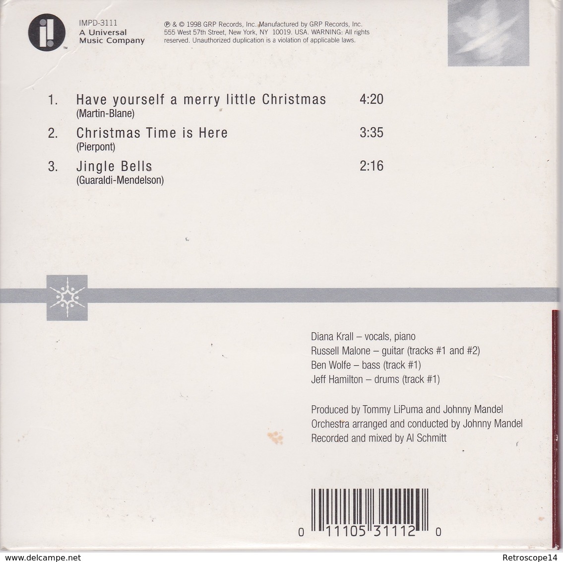 RARE CD SINGLE DIANA KRALL HAVE YOURSELF A MERRY LITTLE CHRISTMAS 1998 WARNER Noël Jazz - Jazz