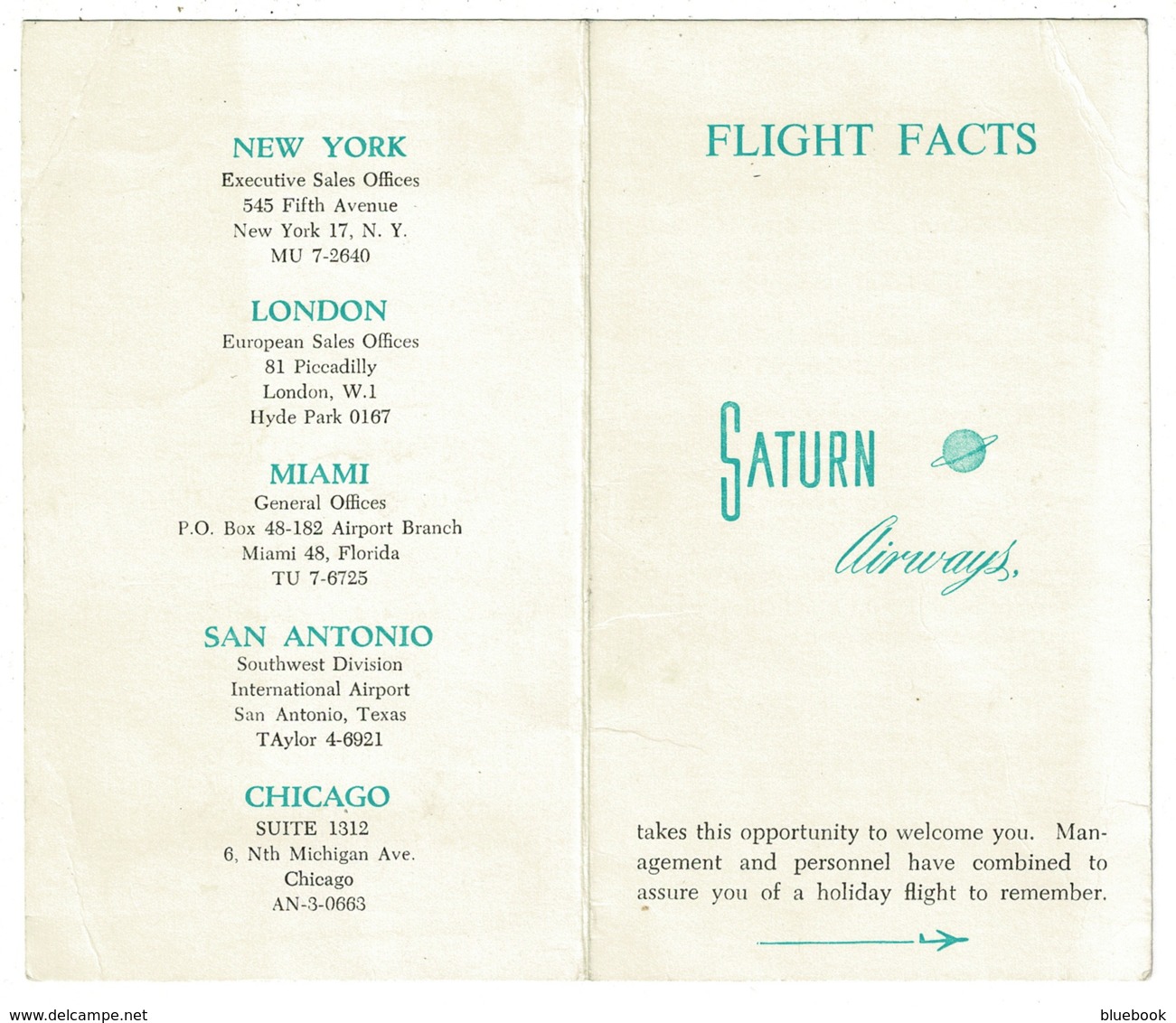 Ref 1307 - 1965 USA Saturn Airways Flight Facts Card - Aviation - Airline Ceased Trading 1976 - Wereld