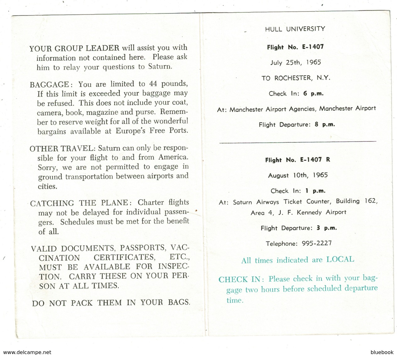 Ref 1307 - 1965 USA Saturn Airways Flight Facts Card - Aviation - Airline Ceased Trading 1976 - Monde