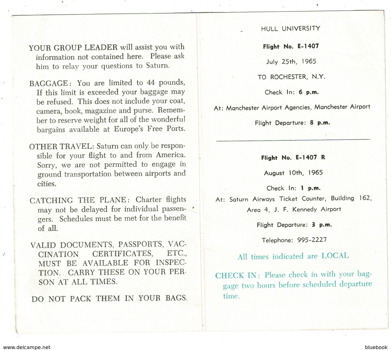 Ref 1307 - 1965 USA Saturn Airways Flight Facts Card - Aviation - Airline Ceased Trading 1976 - Mundo