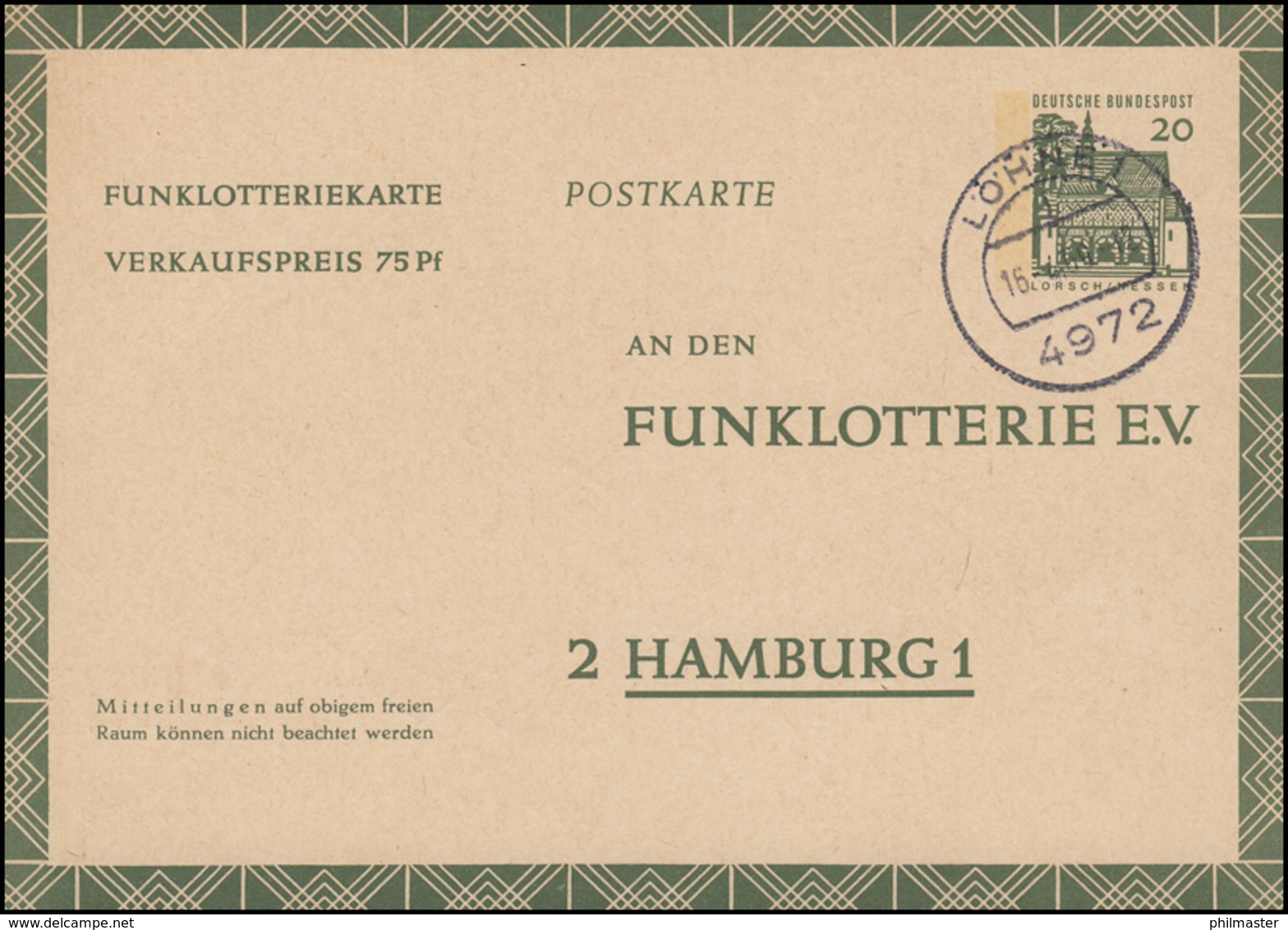 Funklotterie-Postkarte FP 12b Rahmfarben Lorsch 20 Pf. Grün LÖHNE 1. - 16.4.69  - Ohne Zuordnung