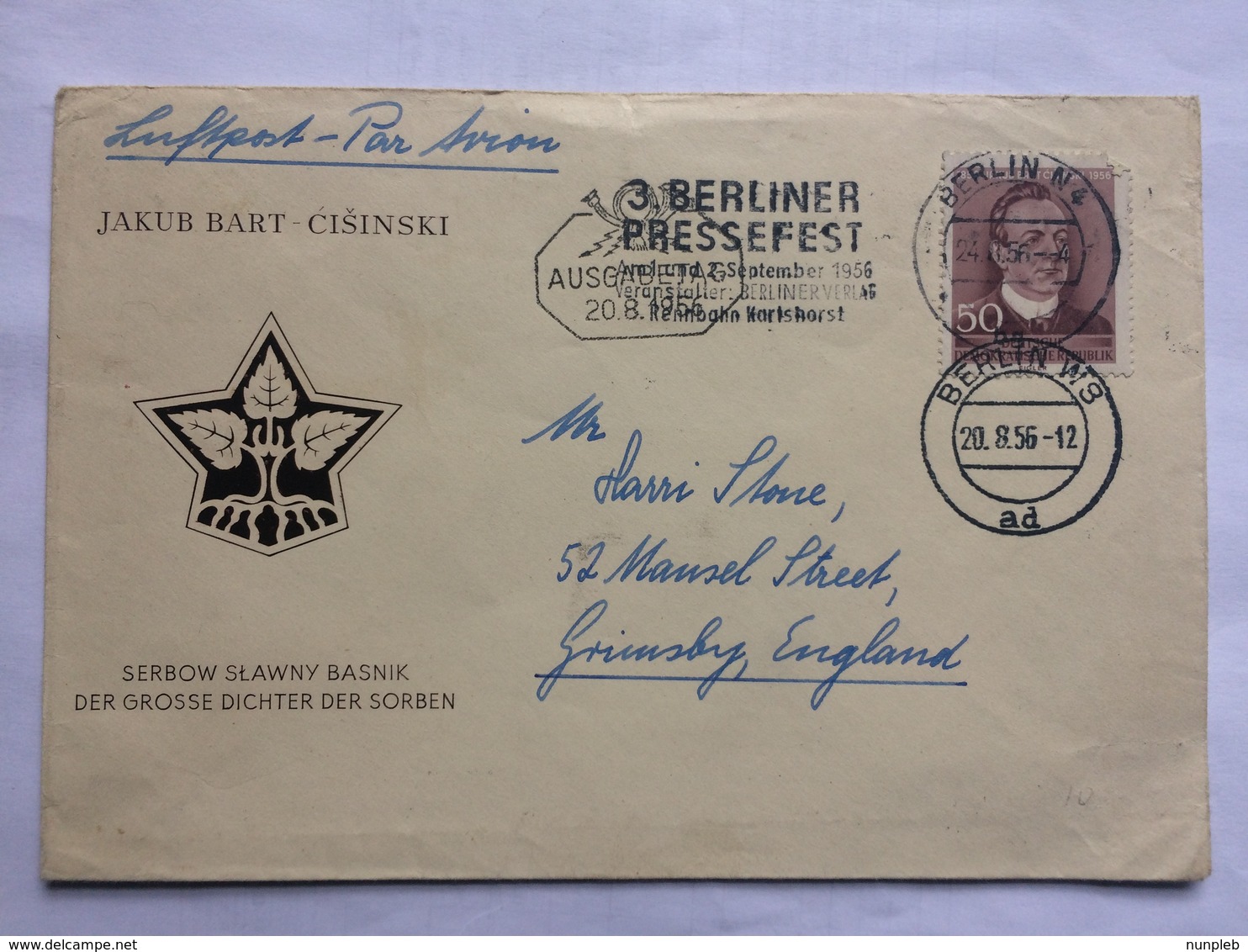 GERMANY DDR 1956 FDC Jakub Bart With Berliner Pressefest Slogan Postmark Sent To Grimsby England - Covers & Documents