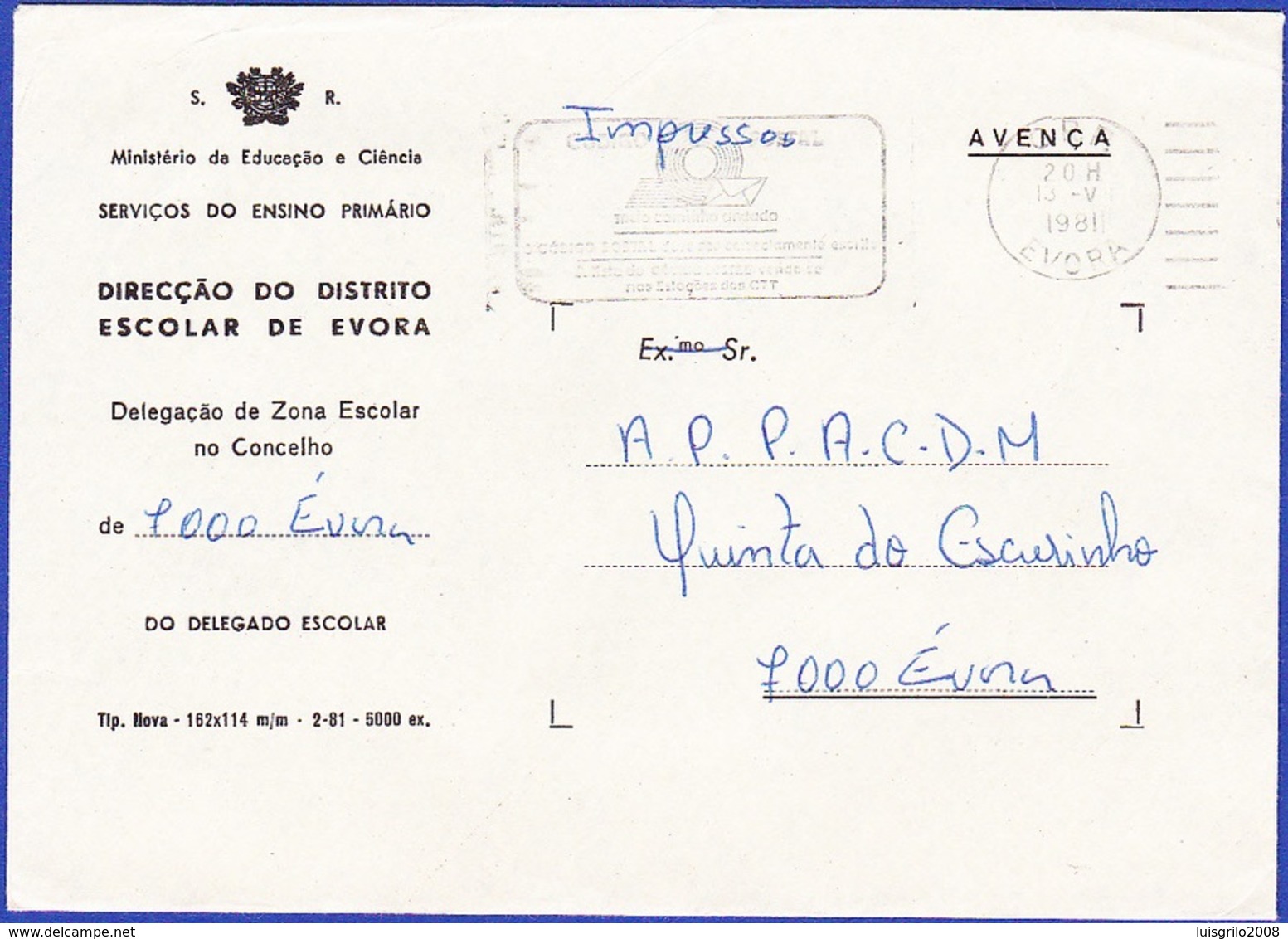 Cover, Ministério Da Educação - AVENÇA / Postmark - Évora, 1981 - Covers & Documents