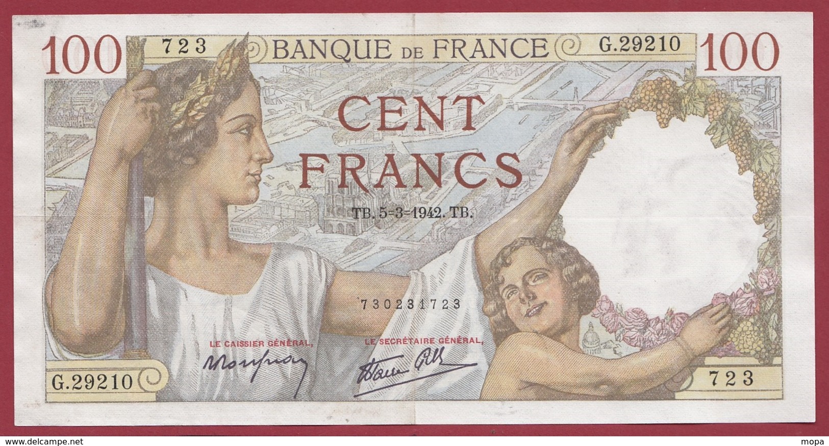 100 Francs "Sully" Du 05/03/1942.TB --F/TTB+---ALPH G.29210 ---AUCUN TROU D EPINGLE - 100 F 1939-1942 ''Sully''
