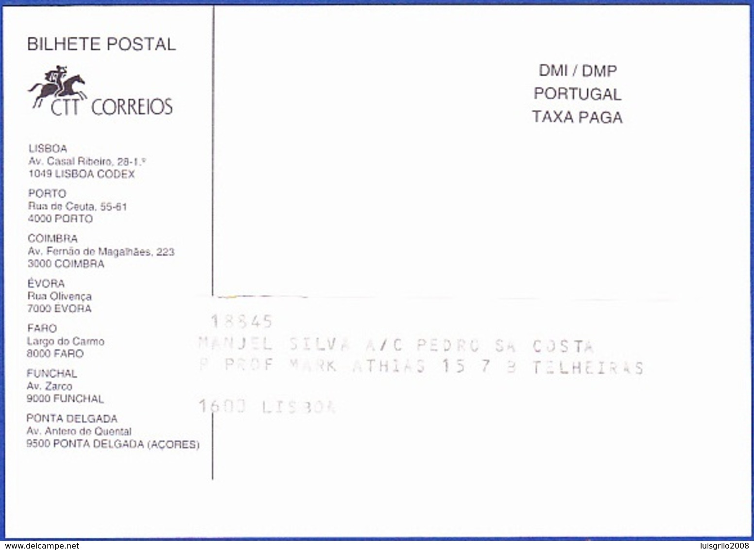 CTT Correios, Bilhete Postal, 1997 - TAXA PAGA - Storia Postale