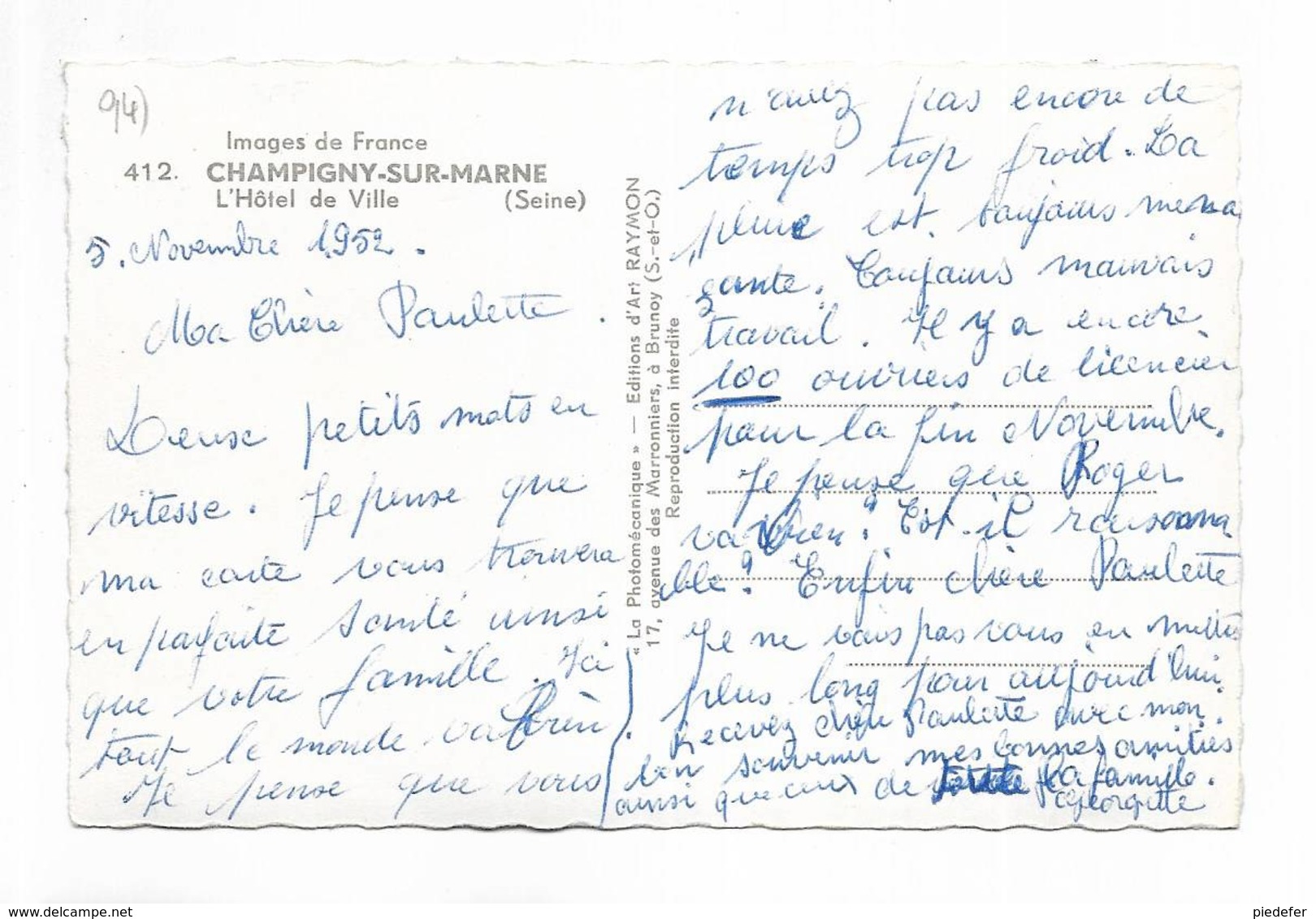 94 - CHAMPIGNY-SUR-MARNE ( Seine ) - L' Hôtel-de-Ville - Carte Glacée - Champigny Sur Marne