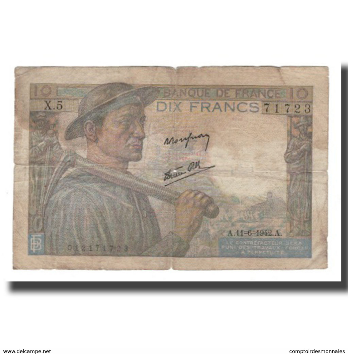 France, 10 Francs, 1942, 1942-06-11, B, Fayette:08.03, KM:99c - 10 F 1941-1949 ''Mineur''