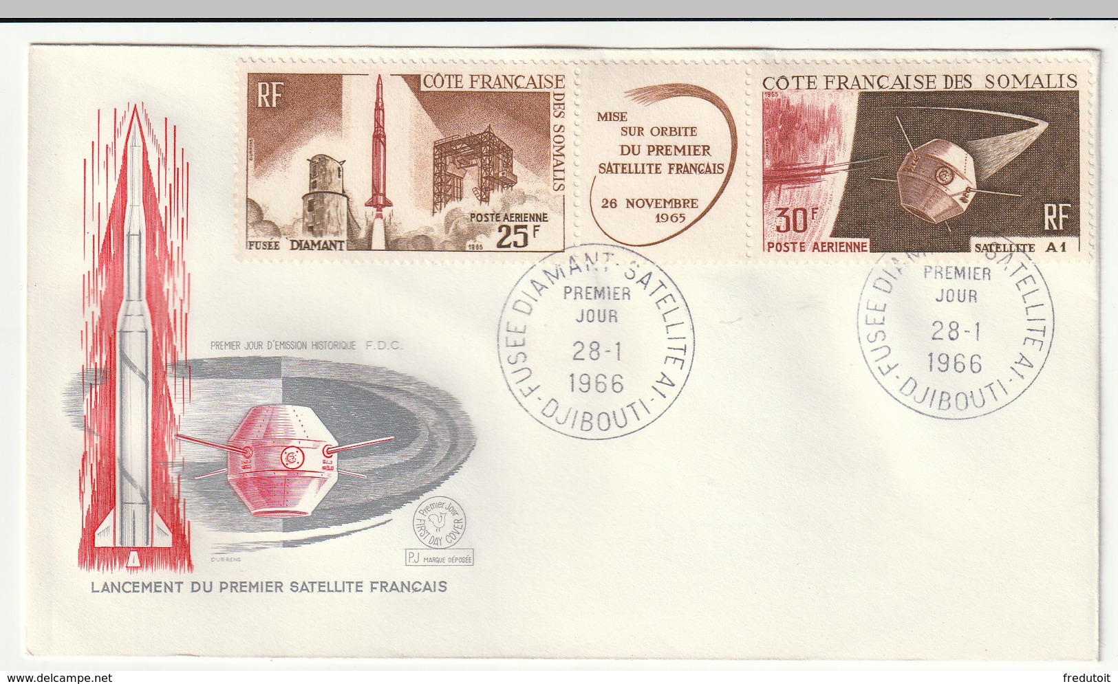 FDC - Cote Des Somalis - 1966 - Lancement Du Premier Satellite Français - Lettres & Documents