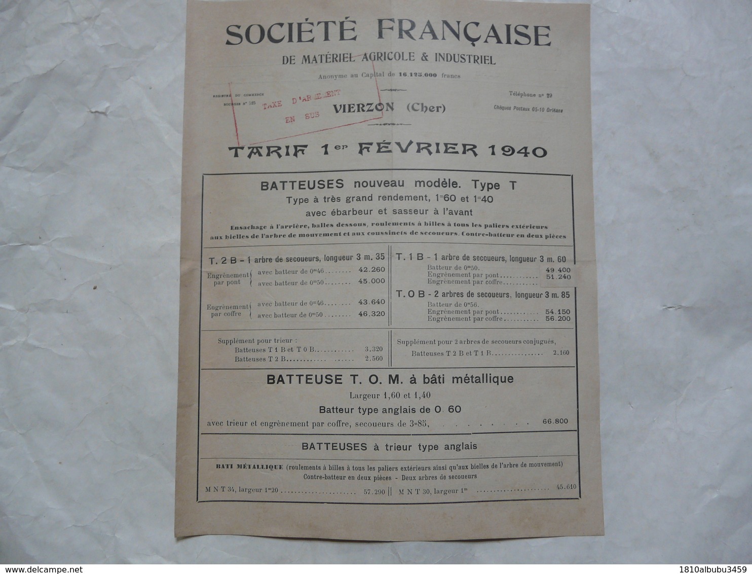 VIEUX PAPIERS 18 CHER - VIERZON : Société Française De Matériel Agricole Et Industriel - Tarif 1er Février 1940 - Reclame