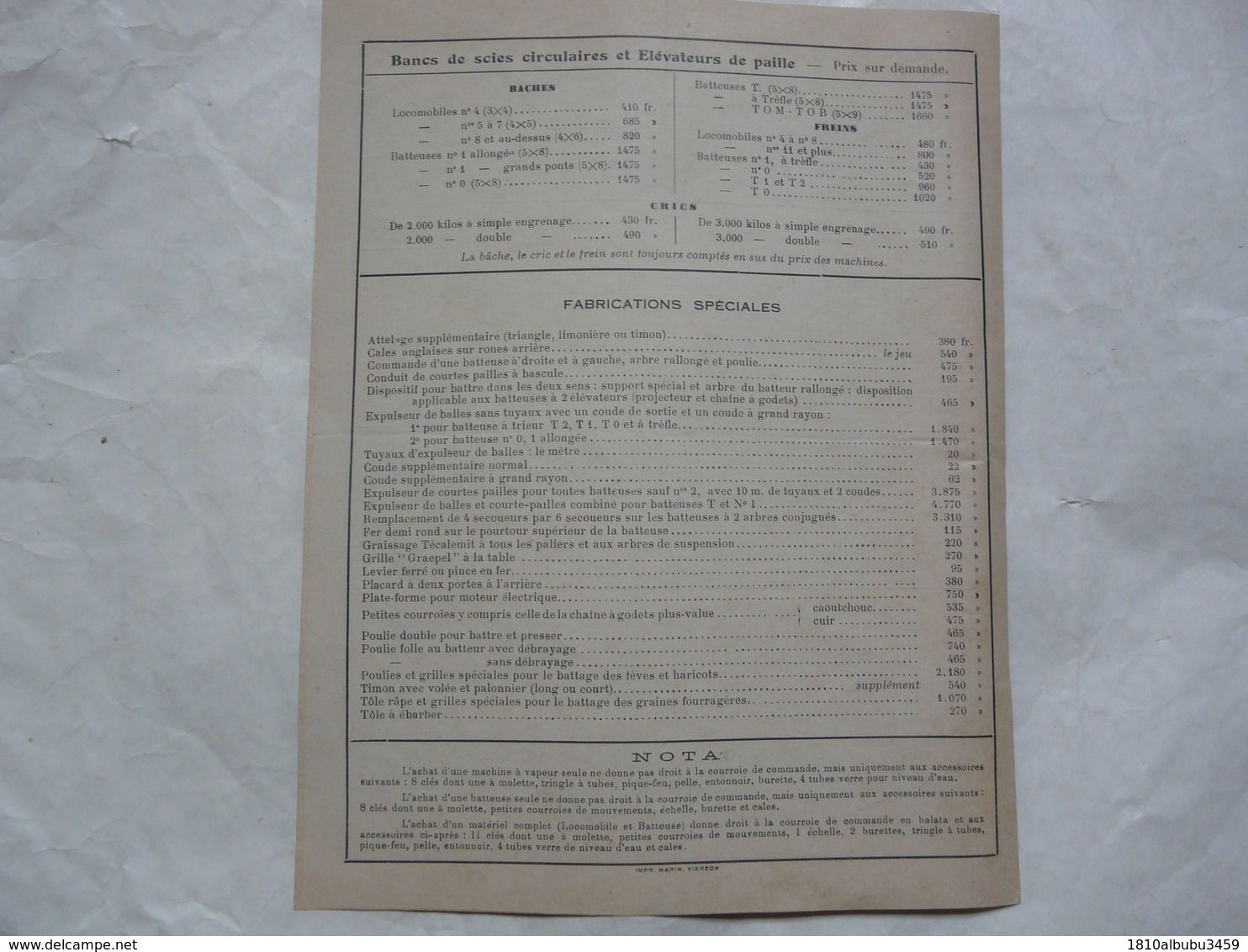 VIEUX PAPIERS 18 CHER - VIERZON : Société Française De Matériel Agricole Et Industriel - Tarif 1er Février 1940 - Publicités