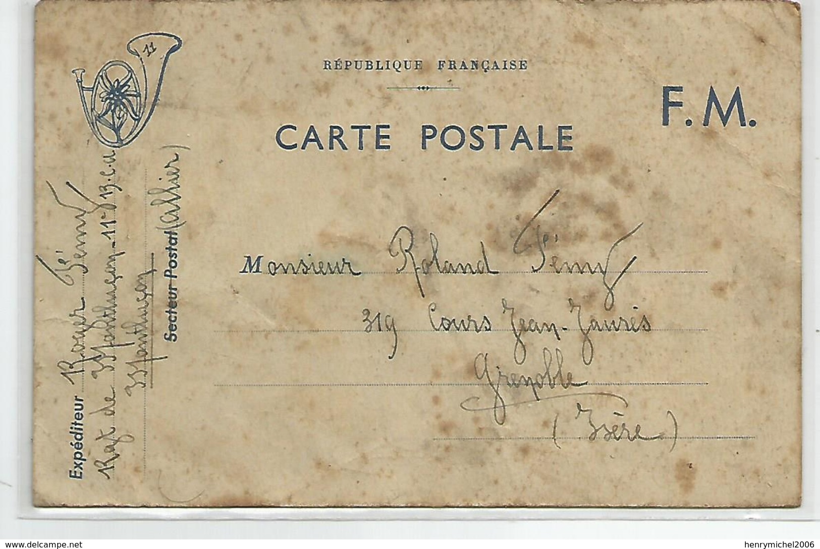 Marcophilie - Carte Franchise Militaire Fm Insigne 11 Bca Montluçon 03 Allier Pour Grenoble 14/08/1940 Chasseur Alpin - Lettres & Documents