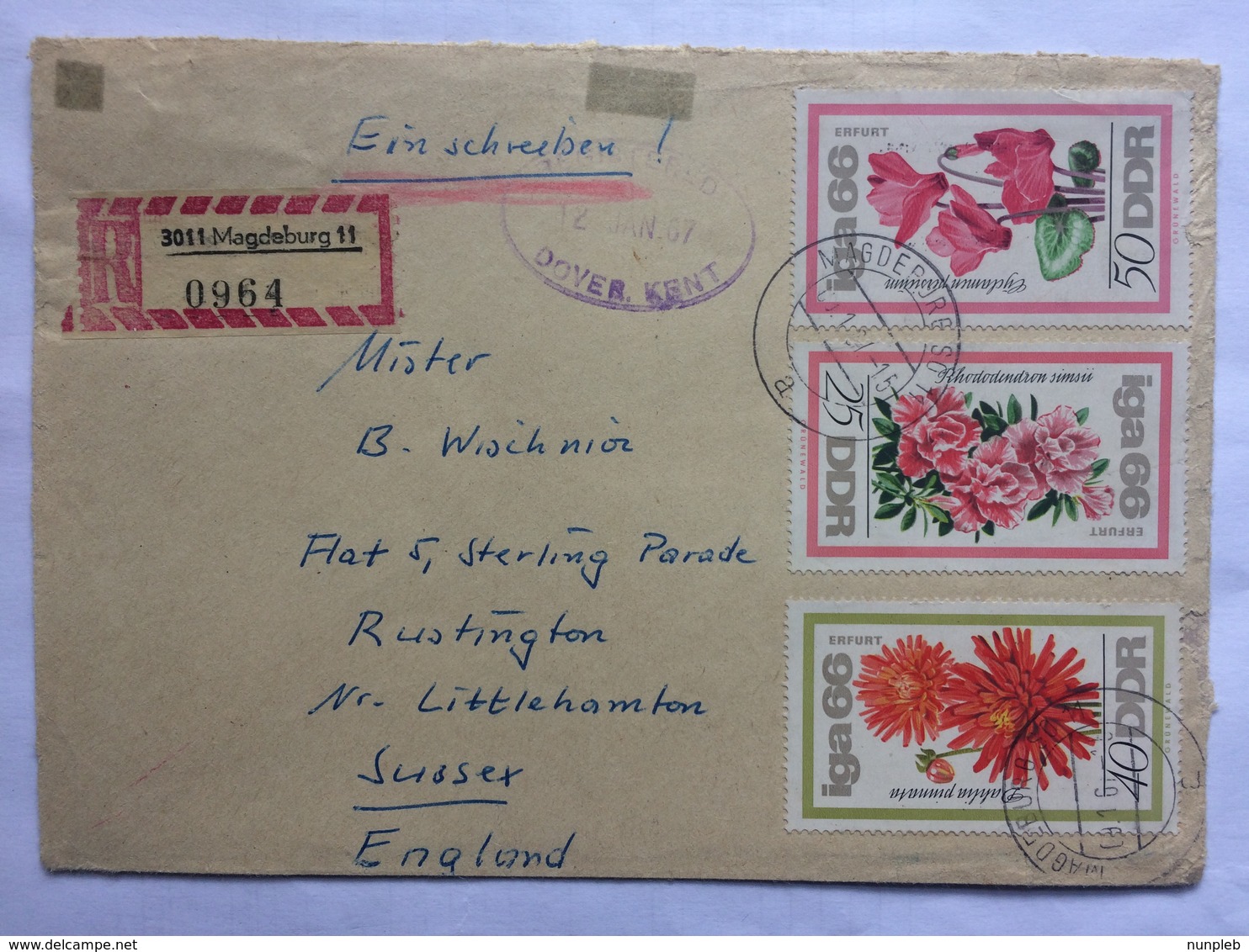 GERMANY 1967 DDR Registered Magdeburg Cover To Sussex England Various Cachets And Stickers - Covers & Documents