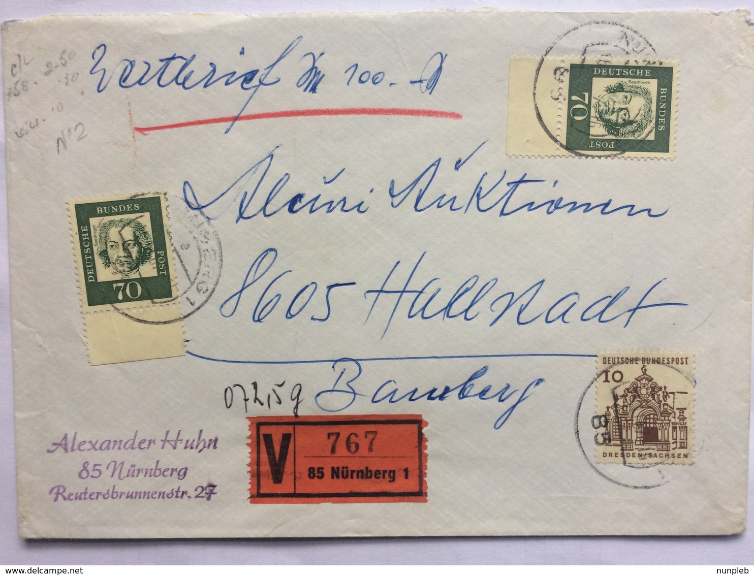 GERMANY 1965 Bundespost Cover V Label Nurnberg To Bamberg - Covers & Documents