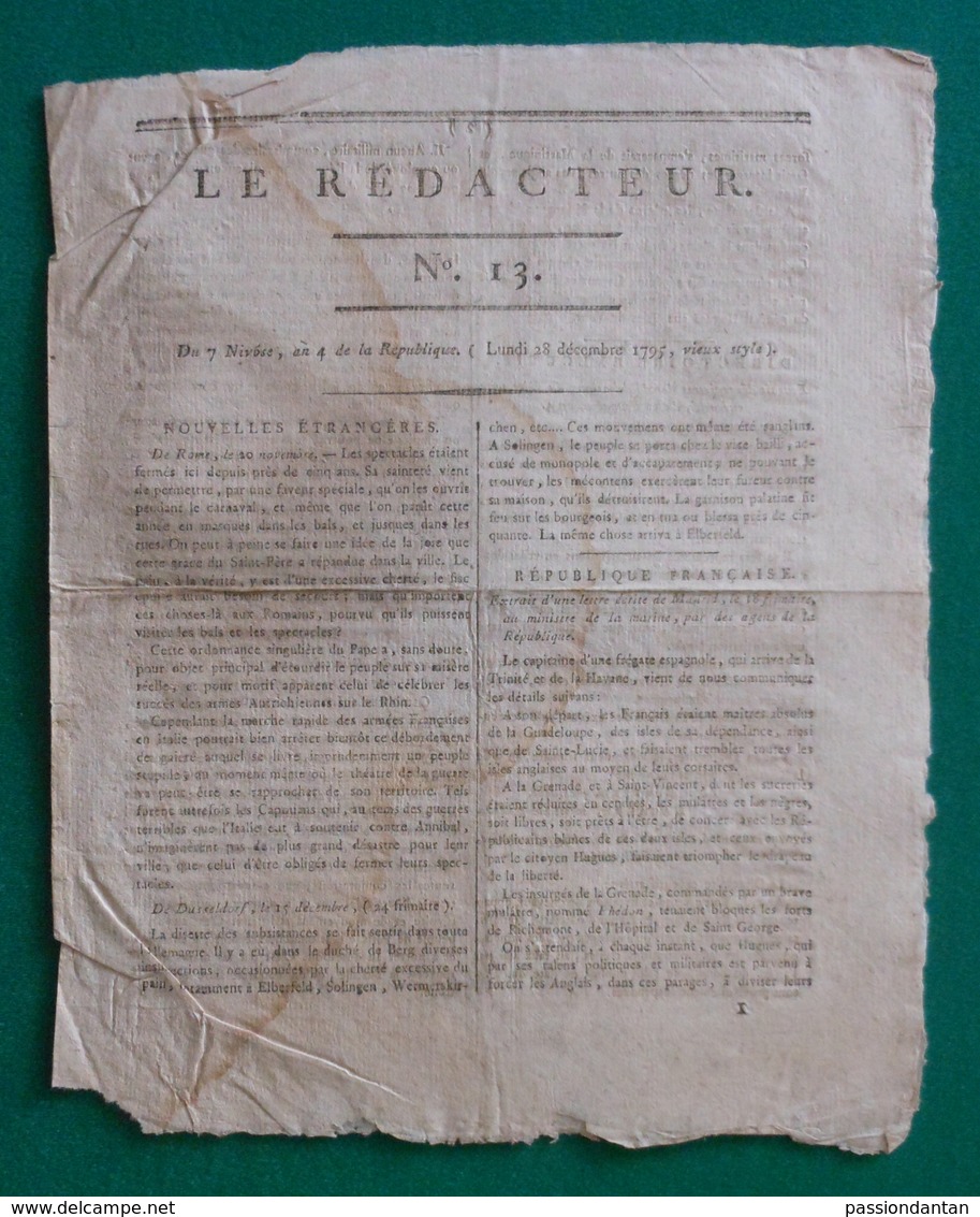 Journal "Le Rédacteur" - N° 13 - Lundi 28 Décembre 1795 - Zeitungen - Vor 1800