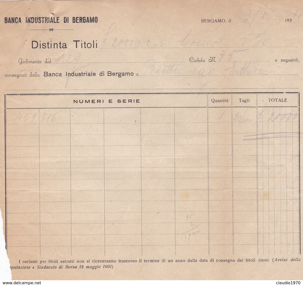 REGNO D'ITALIA CONTRATTI DI BORSA AZIONI DEL 1934 - BERGAMO - BANCA INDUSTRIALE DI BERGAMO - Altri & Non Classificati